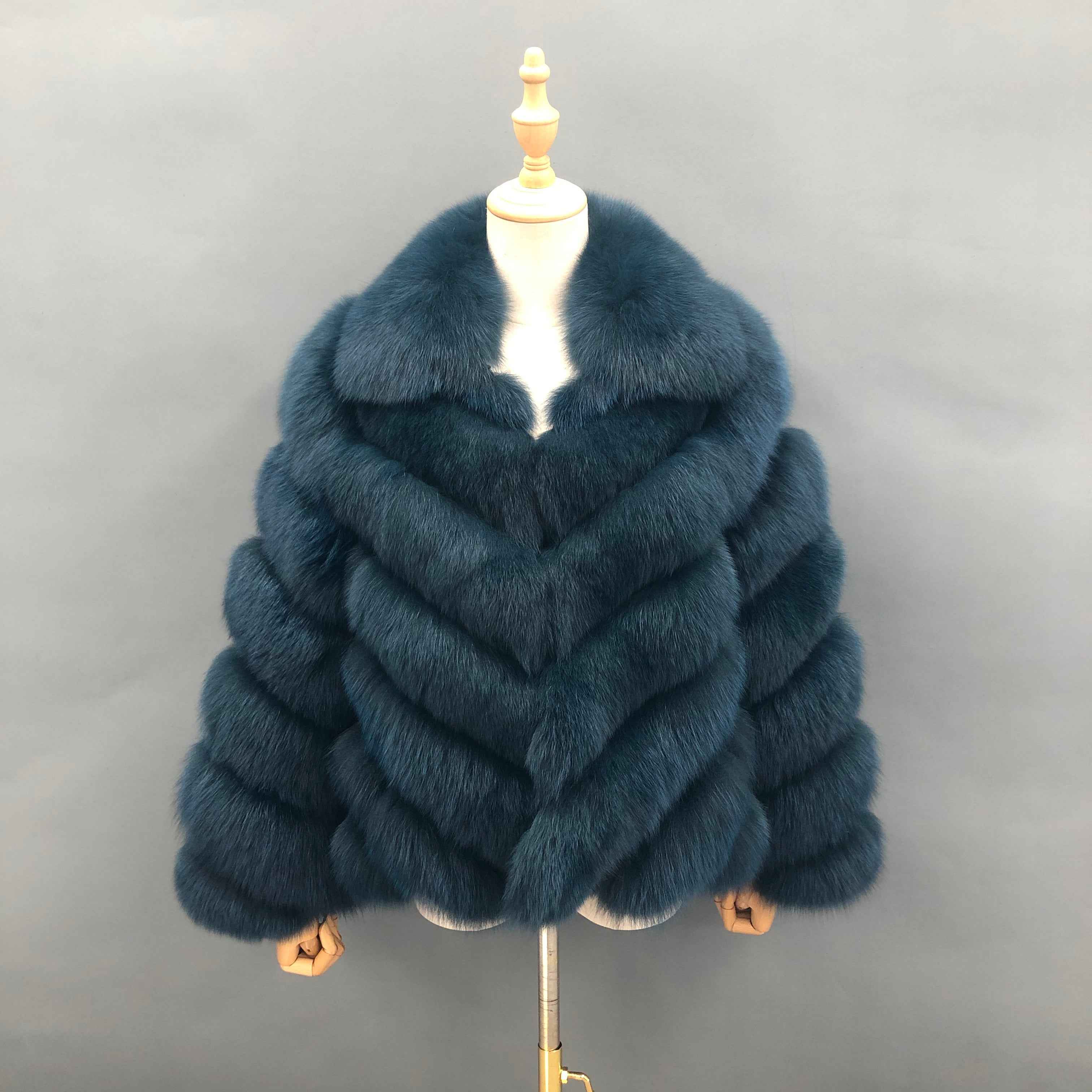 Janefur Fox Fur Coat with Chevron Stripe & Notched Collar - Short Winter Jacket Dark Blue Contact us to customize