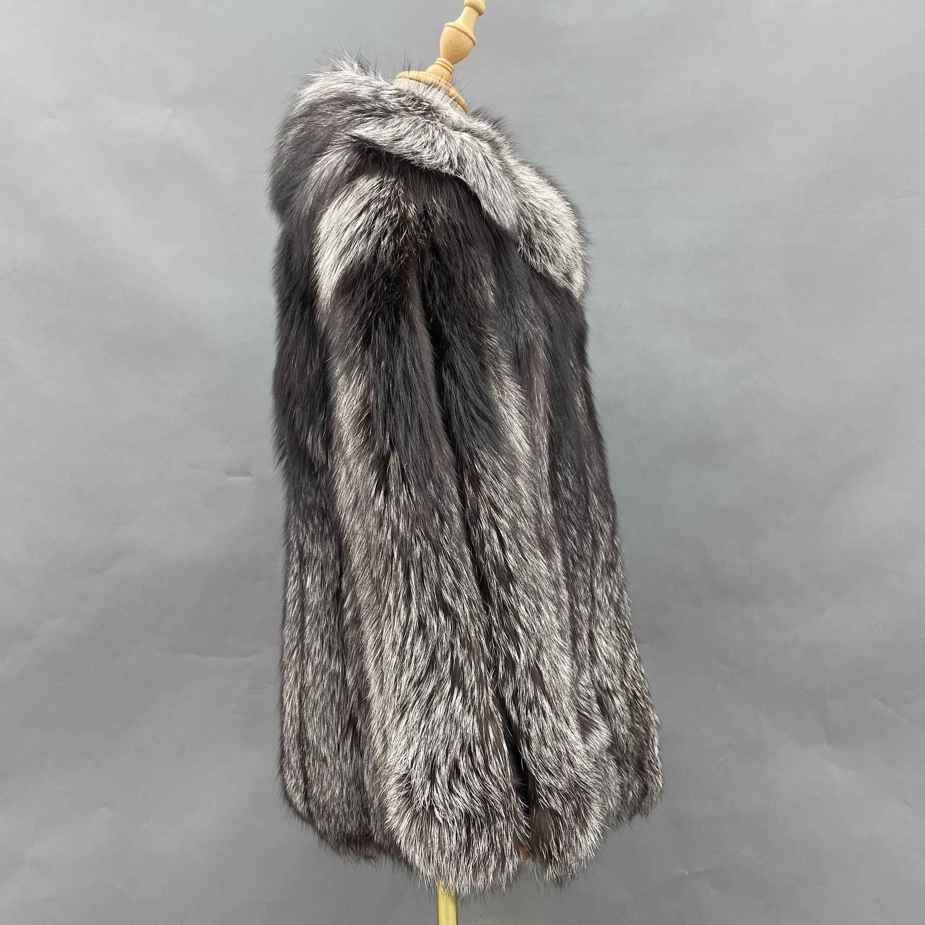 Women's Luxury Silver Fox Fur Coat - Notched Lapel Mid-Length Winter Fashion Warm Outerwear