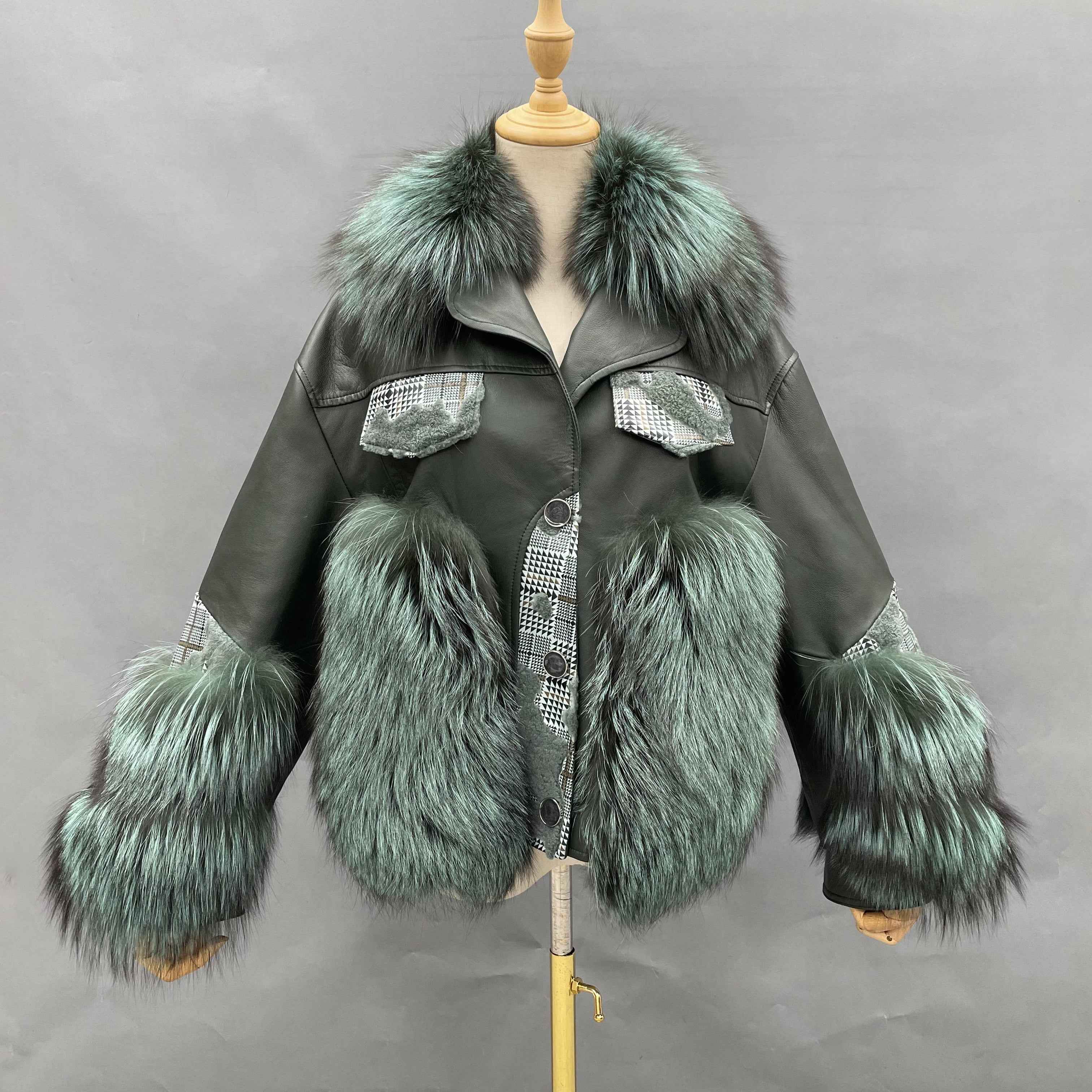 Women's Luxury Teal Fox Fur & Leather Patchwork Jacket - Plaid Detail Button Closure Cropped Winter Fashion Outerwear Green