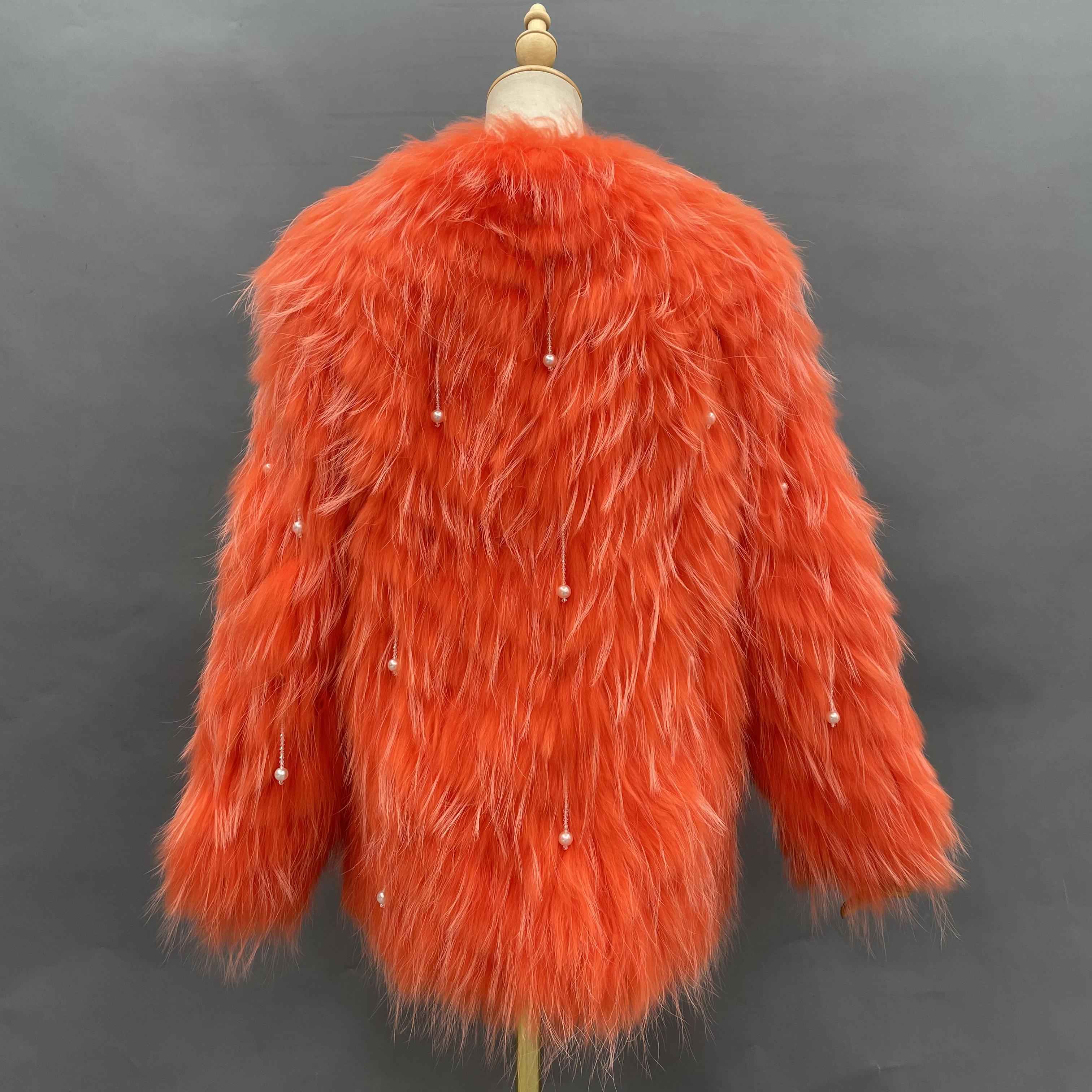 Women's Raccoon Fur Long Jacket - Pearl Tassel Party Statement Outerwear