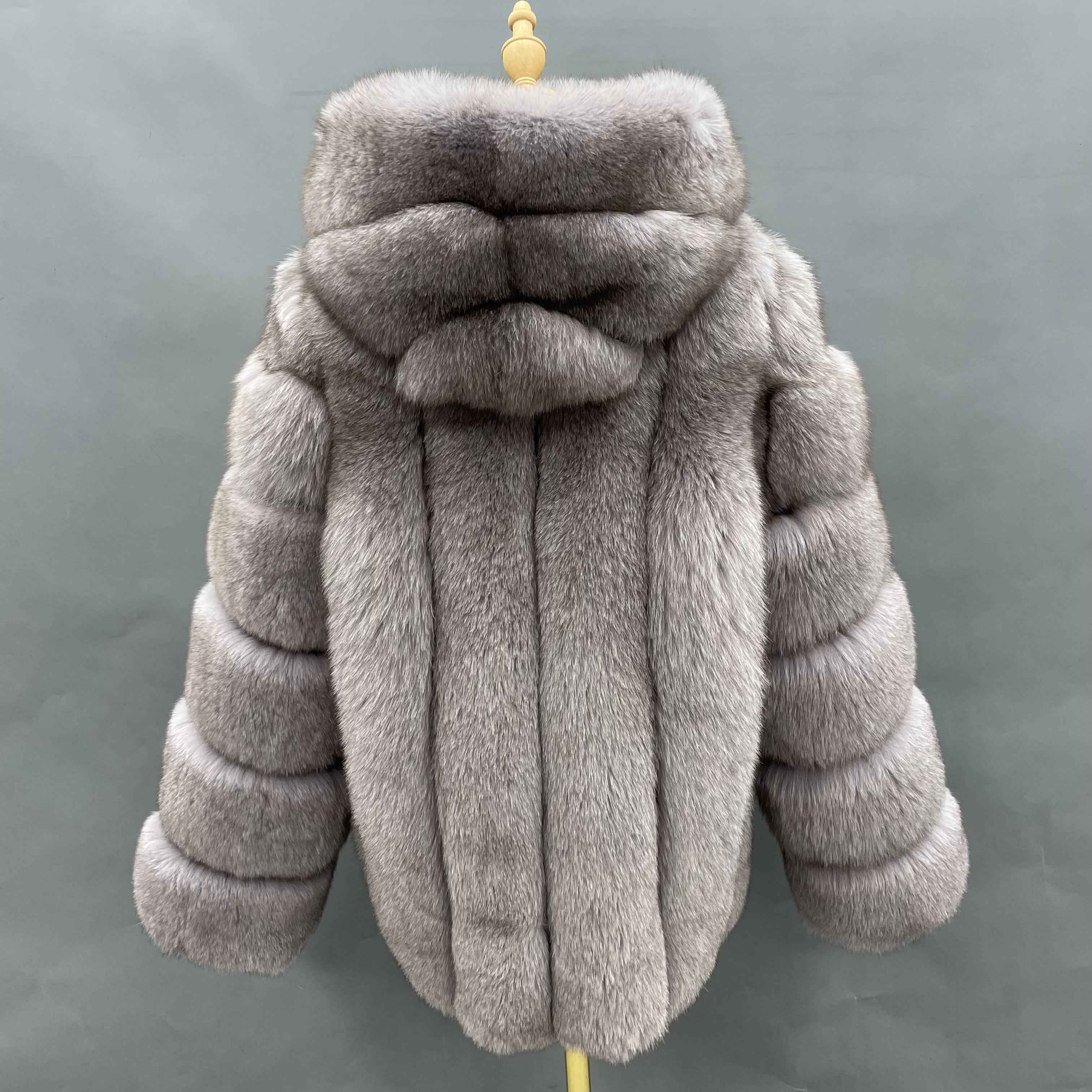 Women's Vintage Gray Fox Fur Hooded Jacket - Layered Stripe Cropped Design Winter Warm Fashion Outerwear