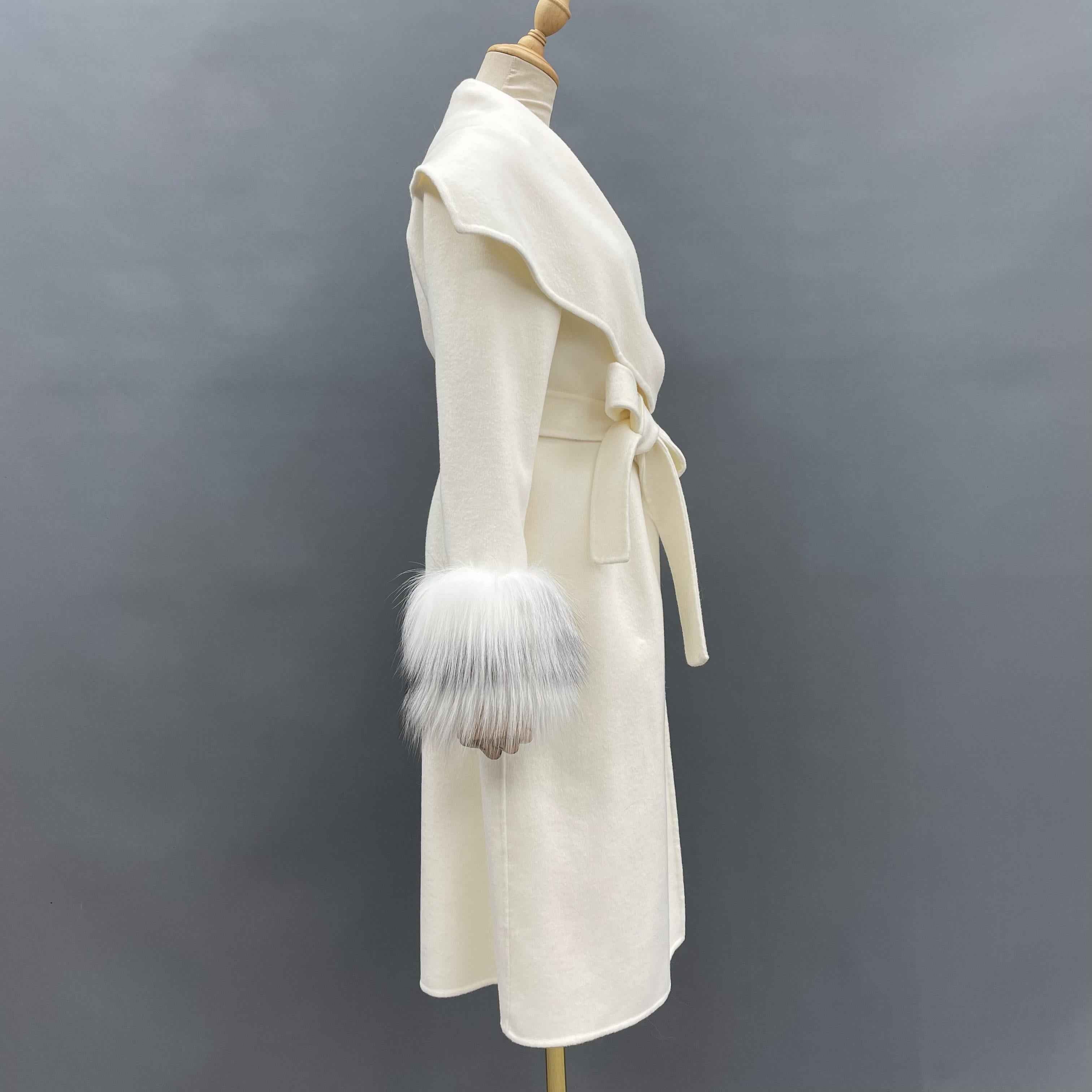 Women's Oversized Shawl Collar Double-Faced Wool Coat with Fox Fur Cuffs & Self-Tie Belt - Knee-Length Luxury Winter Outerwear