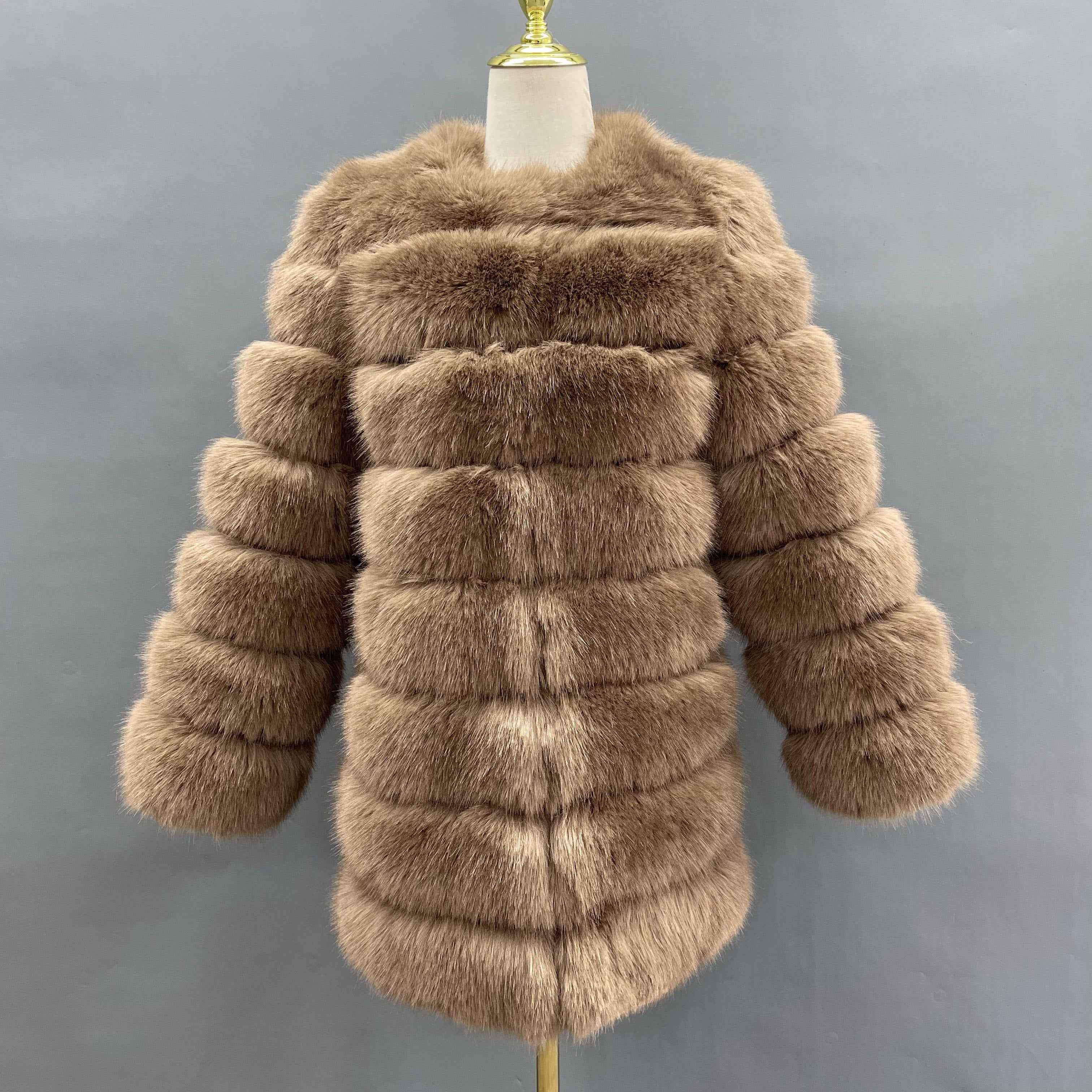 Women's 8-Panel Crew Neck Long Sleeve Faux Fur Coat - Luxury Trendy Winter Essential Outerwear Camle