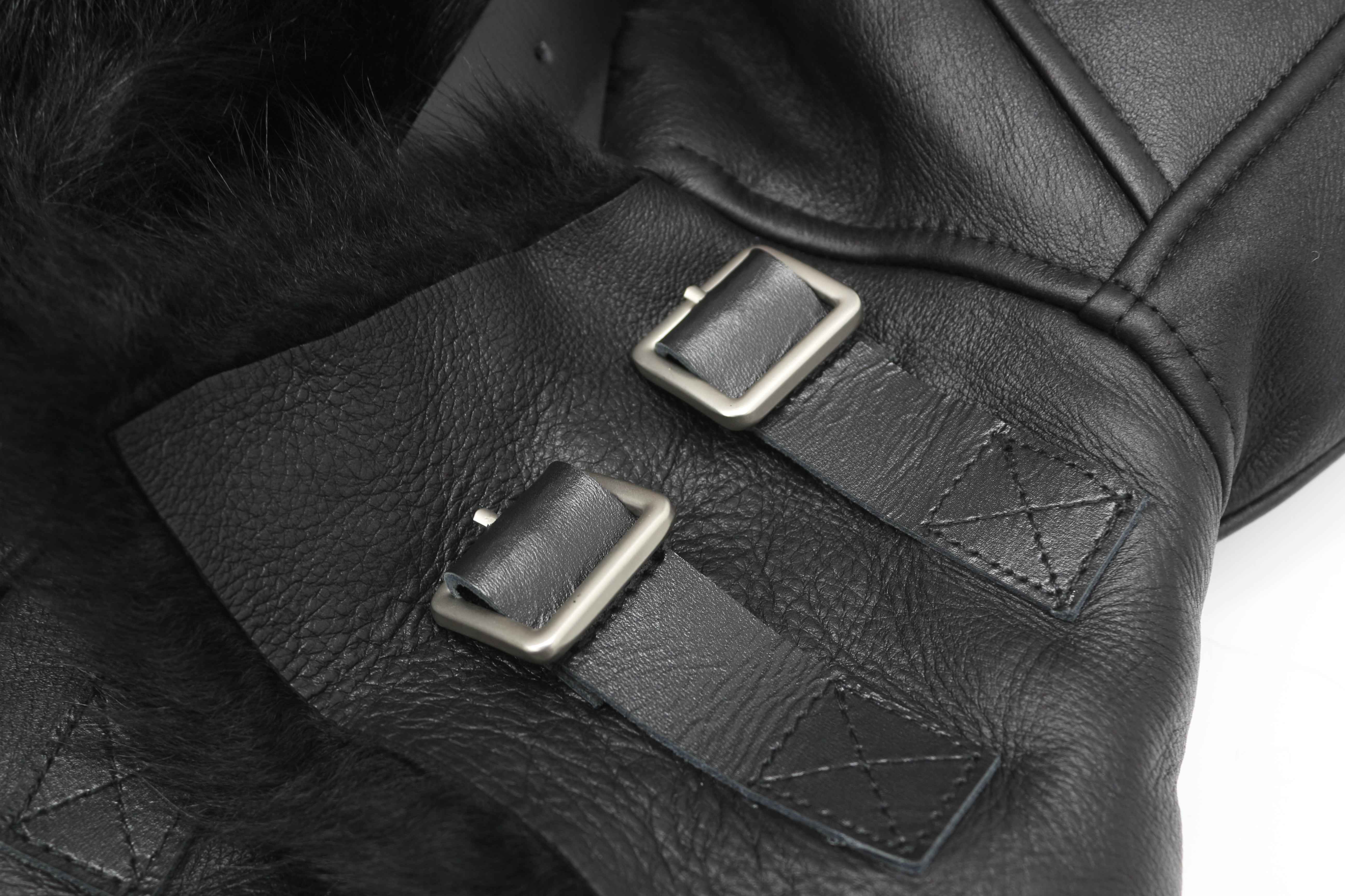 Women's Shearling Leather Jacket with Fur-Trimmed Collar & Cuffs, Zippered Cuffs, and Decorative Hem Buckles - Luxe Winter Outerwear