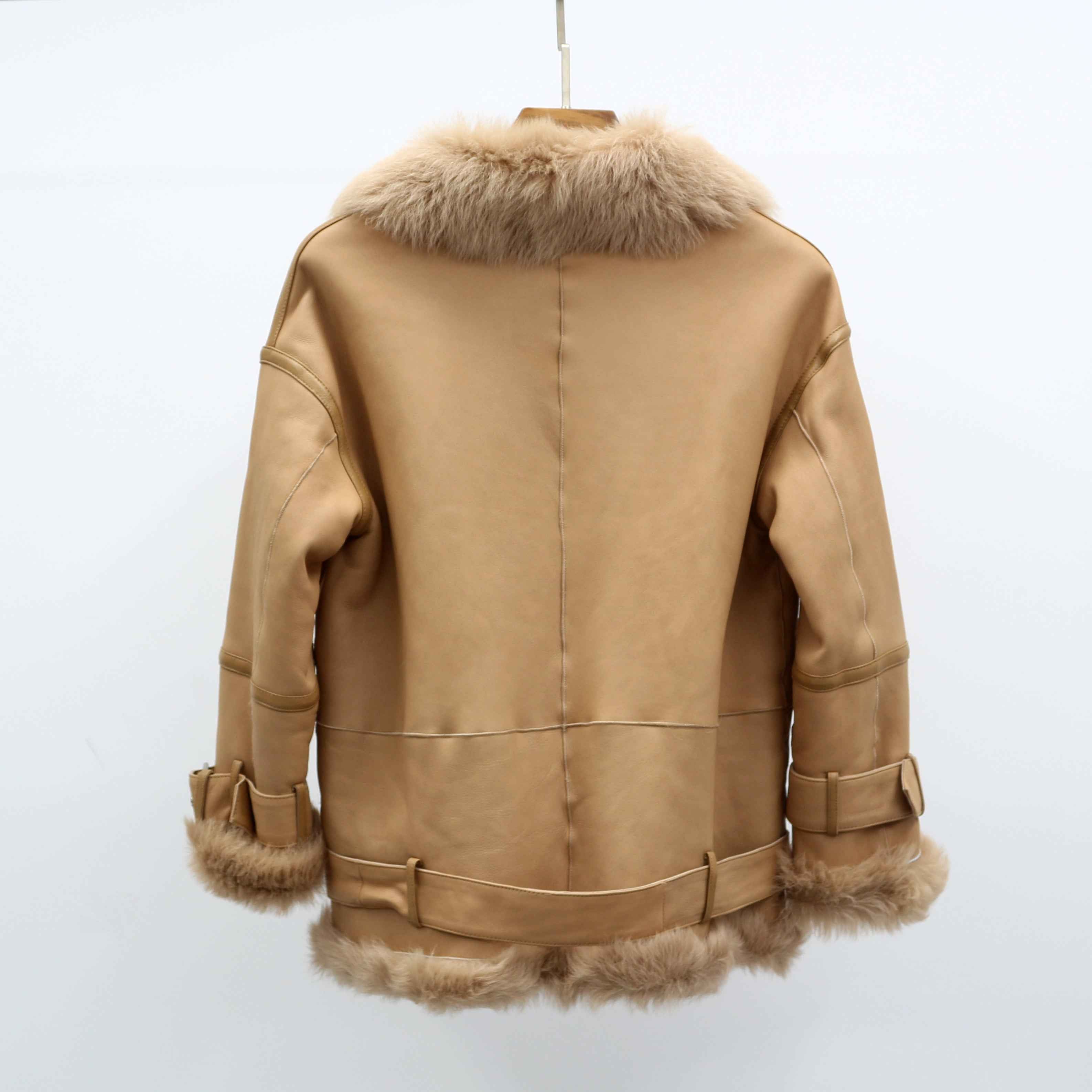 Women's Shearling Leather Jacket with Fox Fur Collar, Leather Buckle Detail at Hem & Cuffs - Luxe Winter Outerwear