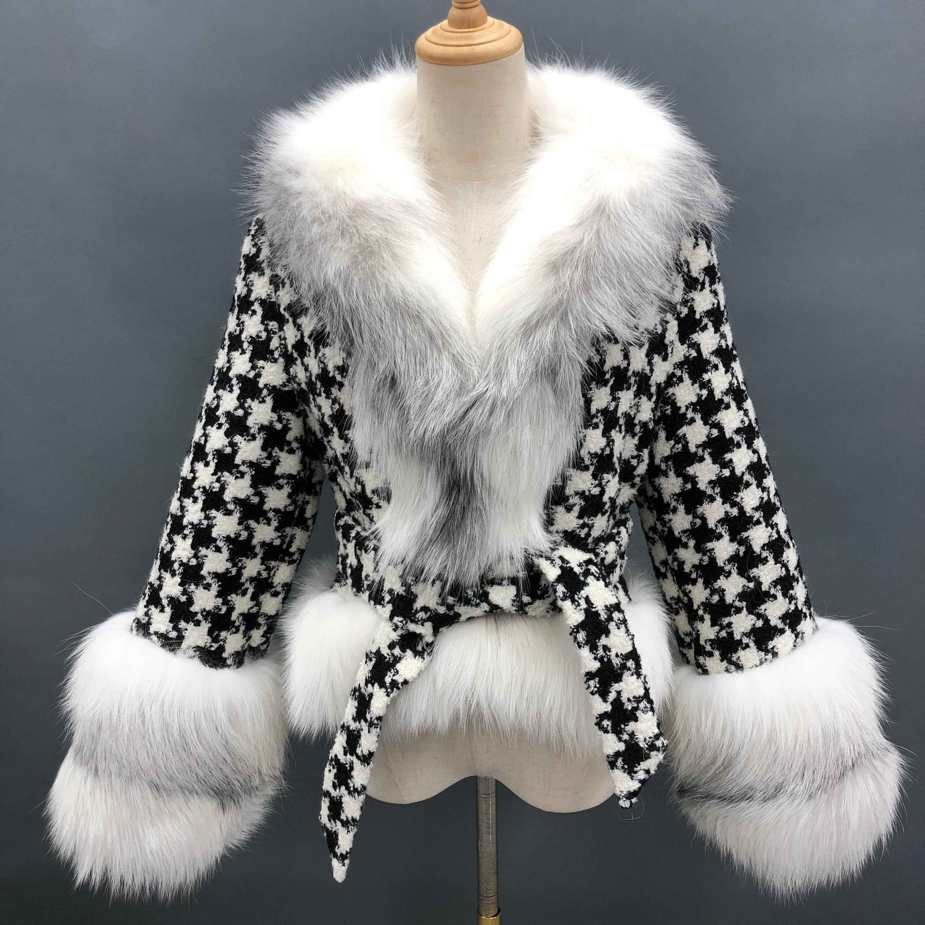Women's Black White Houndstooth Wool Belted Coat with Fox Fur Collar and Cuffs Trim, Elegant Winter Jacket for Casual Outfits White