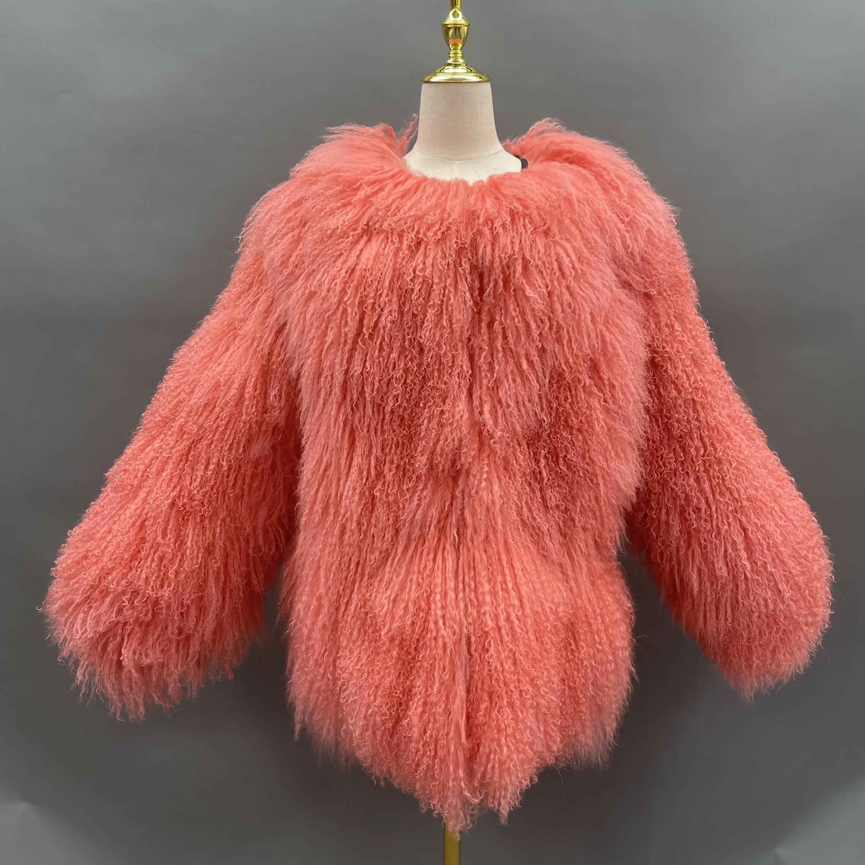 Women's Luxury Mid-Length Tibetan Lamb Fur Coat - Exclusive Harsh Winter Statement Outerwear Peach