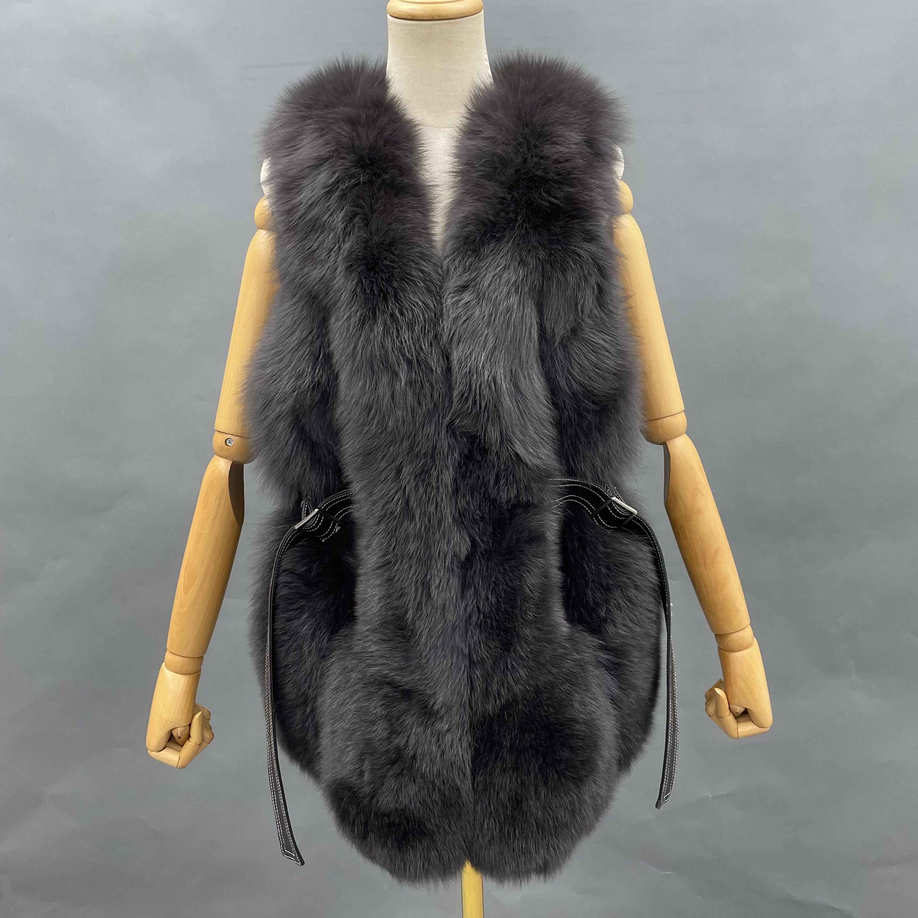 Women's Luxury Fox Fur Coat with Leather Buckle & Flowing Strap - Tufted Detail Designer Outerwear Black