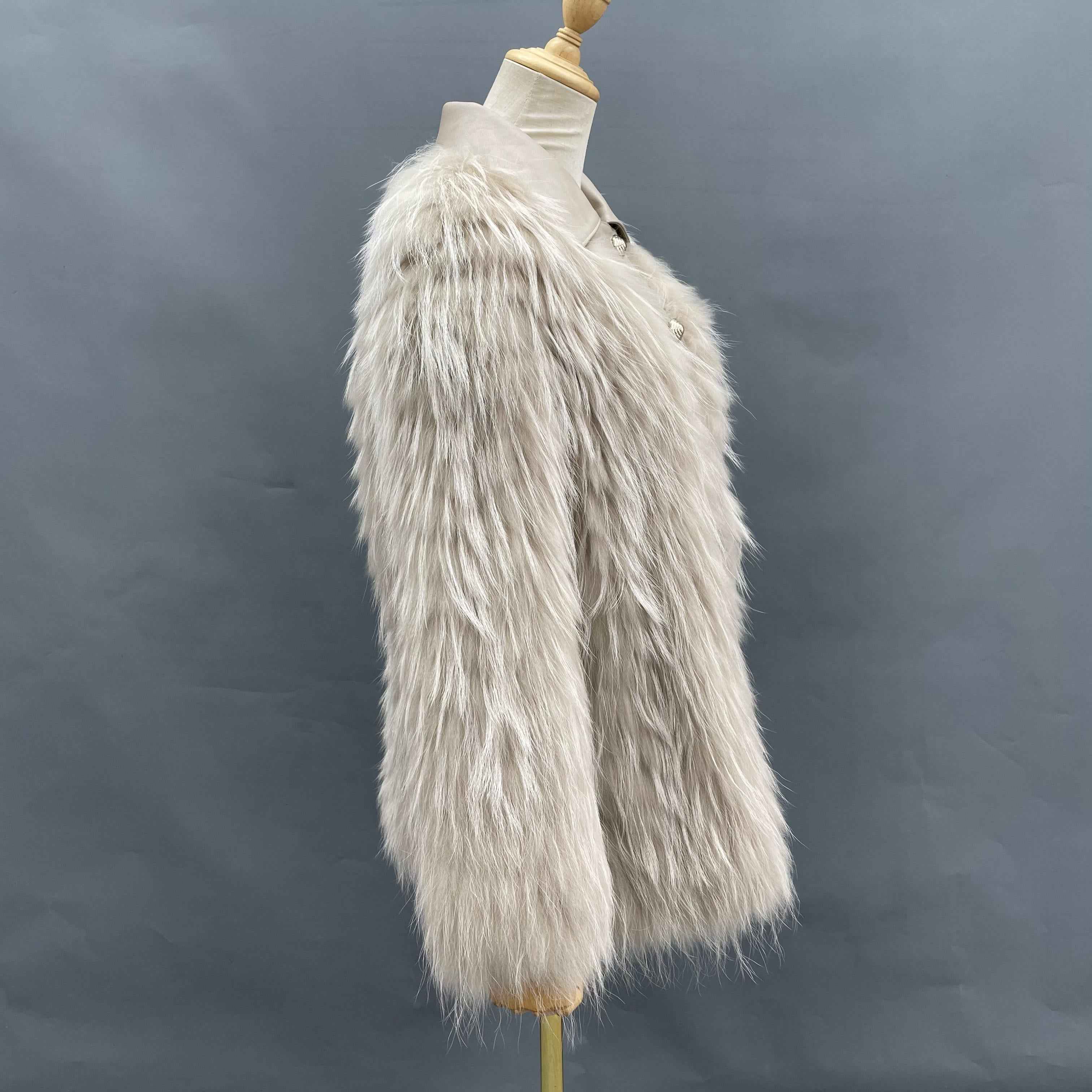 Women's Beige Raccoon Fur Jacket - Notched Lapel Asymmetric Placket Daily Wear Winter Outerwear