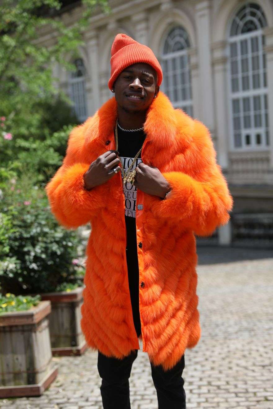 Reversible Long Jacket With Fox Fur And Diagonal Stripes Orange Click chat with us