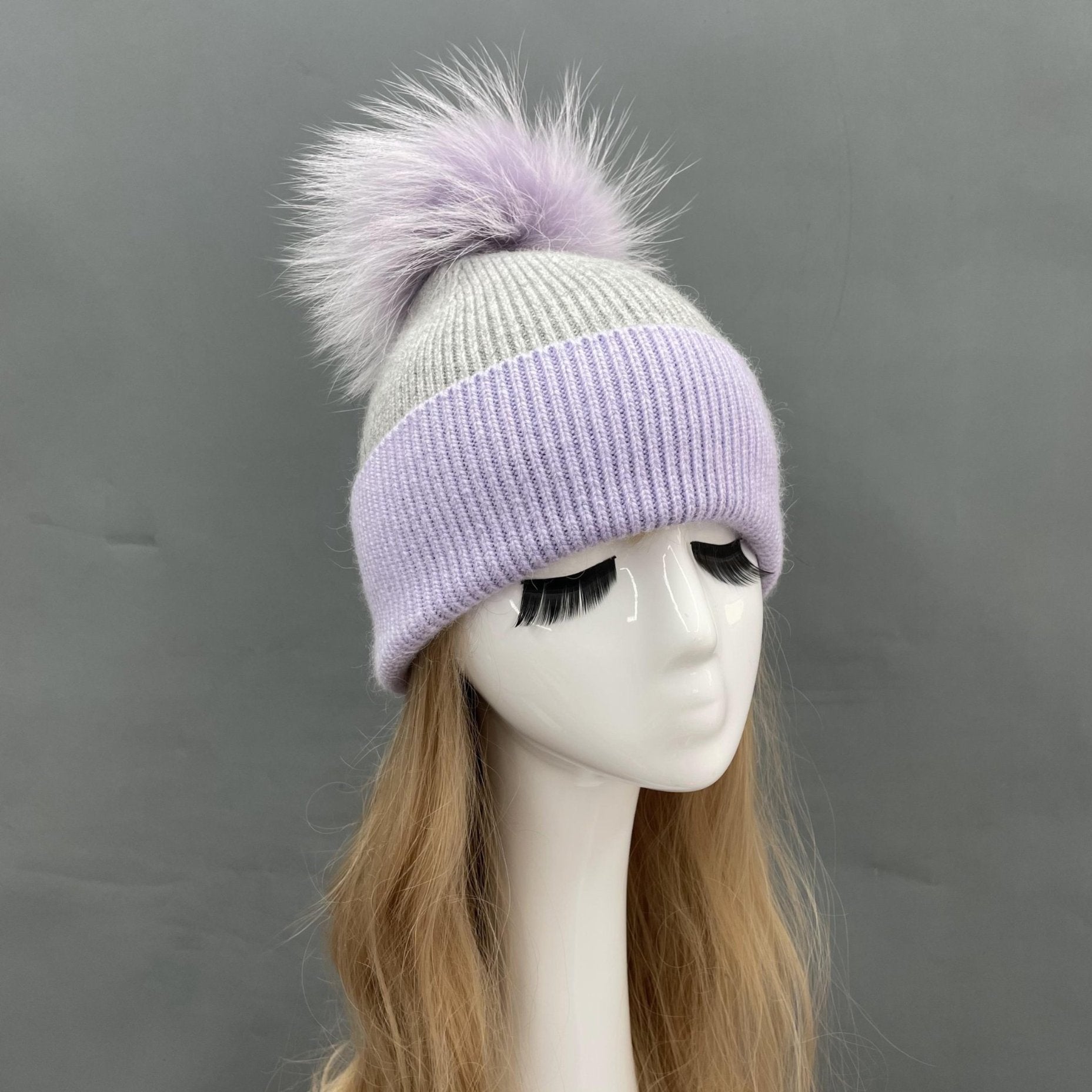 Contrast Color Angora Knitted Fur Pom Pom Warm Beanie Hat For Adults and Children 6