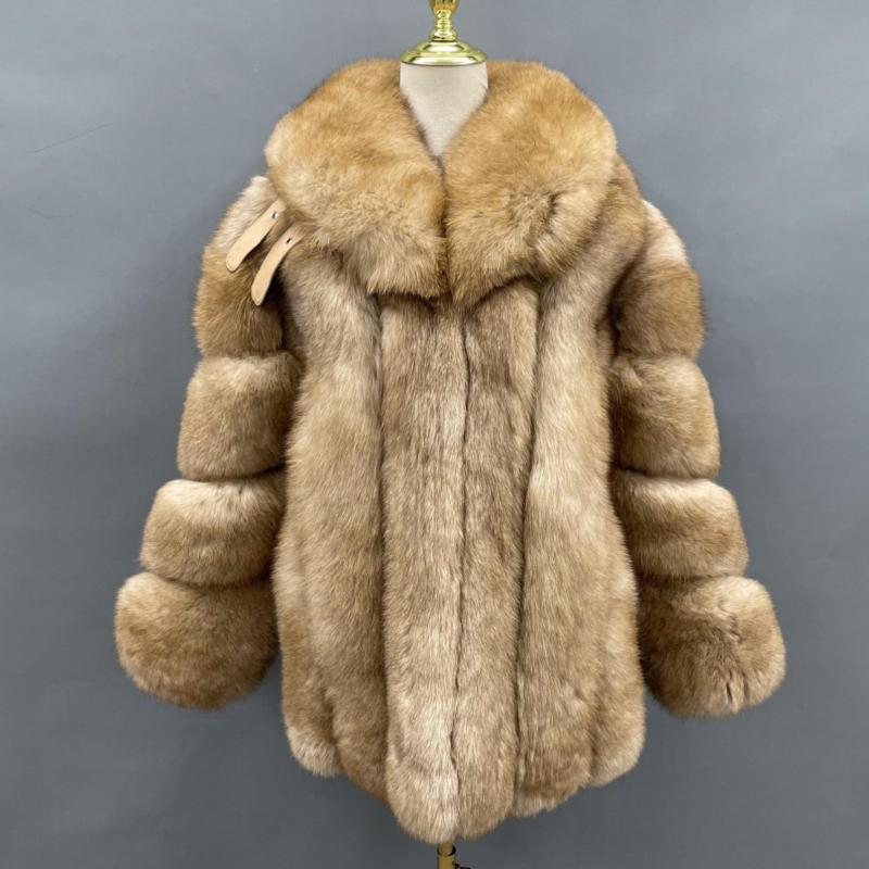 Winter Bright Color Vertical Fox Fur Coat For Women Light brown