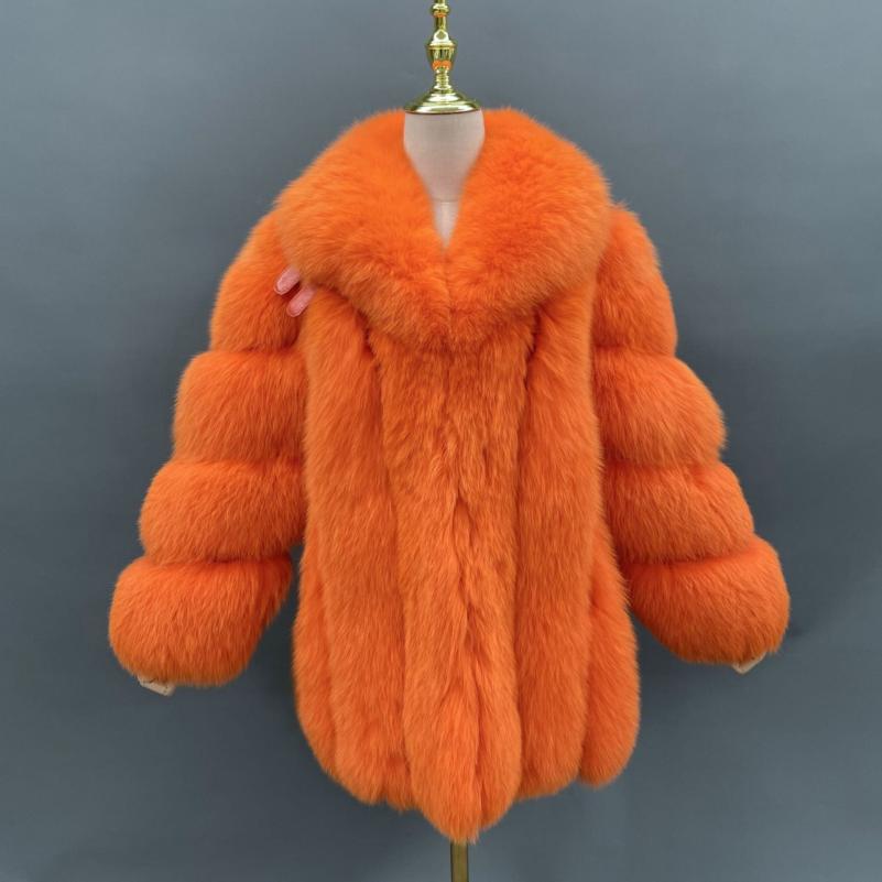 Winter Bright Color Vertical Fox Fur Coat For Women Orange