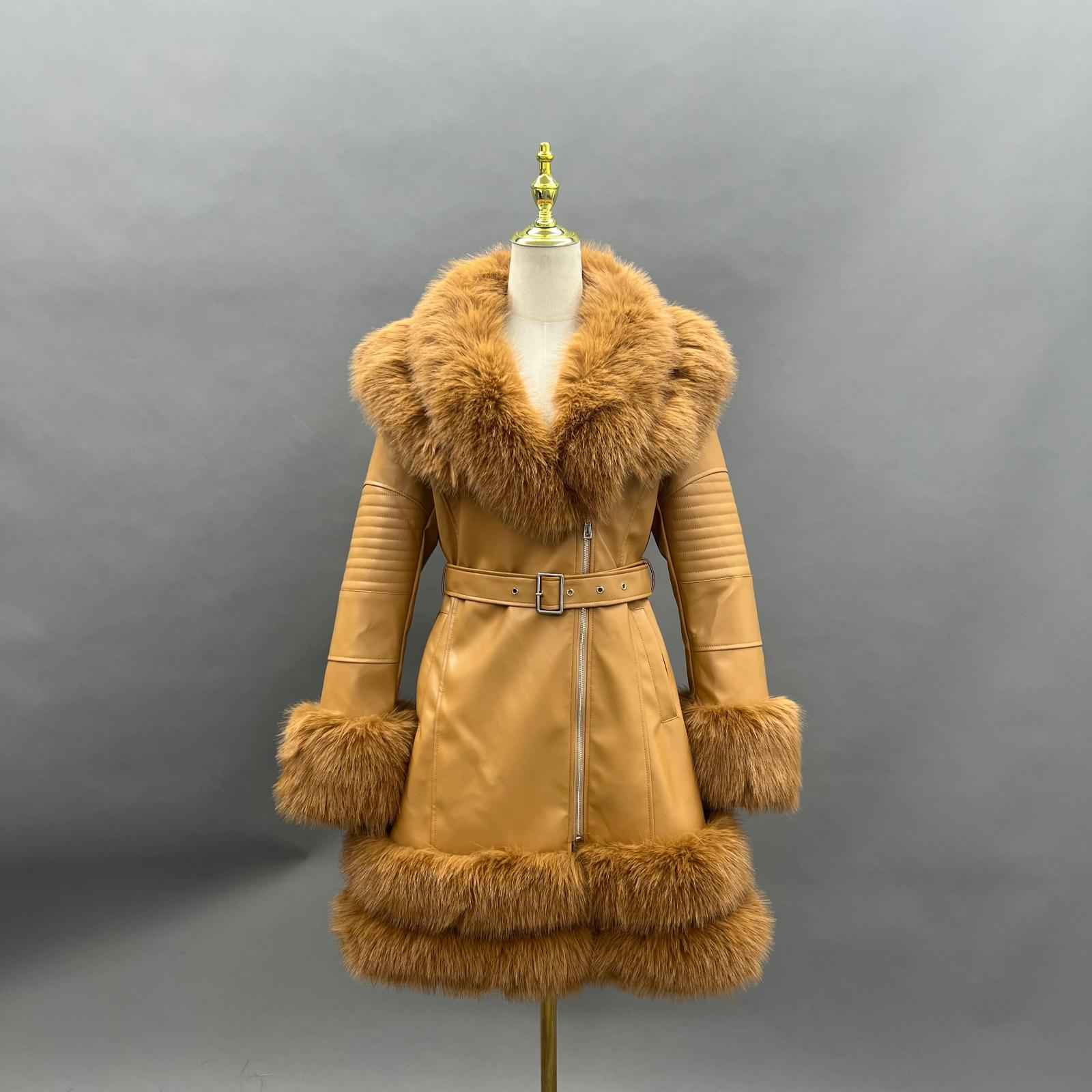 Eco-Friendly Leather Women's Mid-Length Coat with Faux Fur Cuffs and Belt