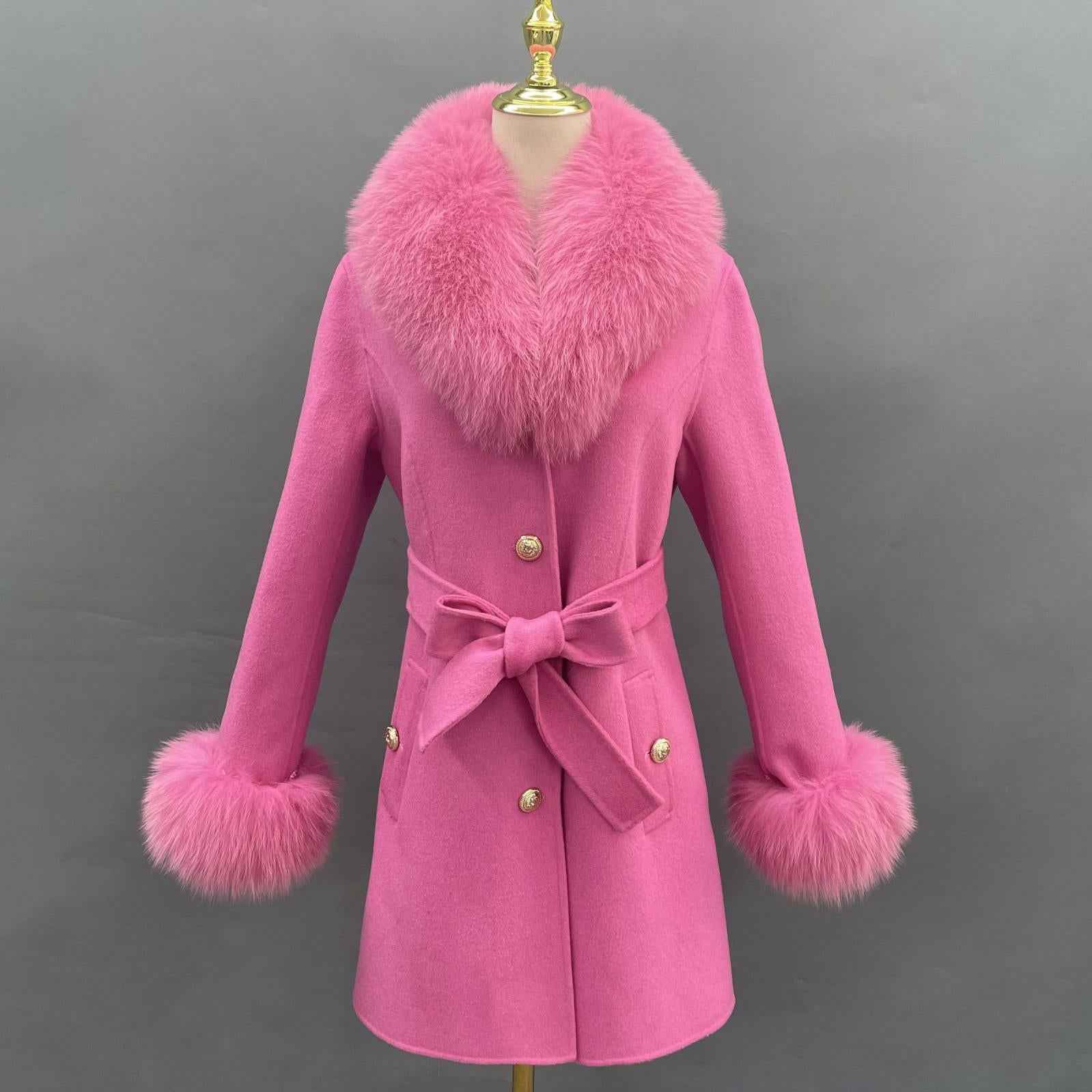 Double-Faced Fleece Coat for Women Elegant Notched Lapel Belted Double-Faced Wool Outer Jacket