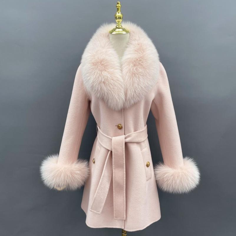 Single Breasted Lace-up Cashmere Coat Light pink