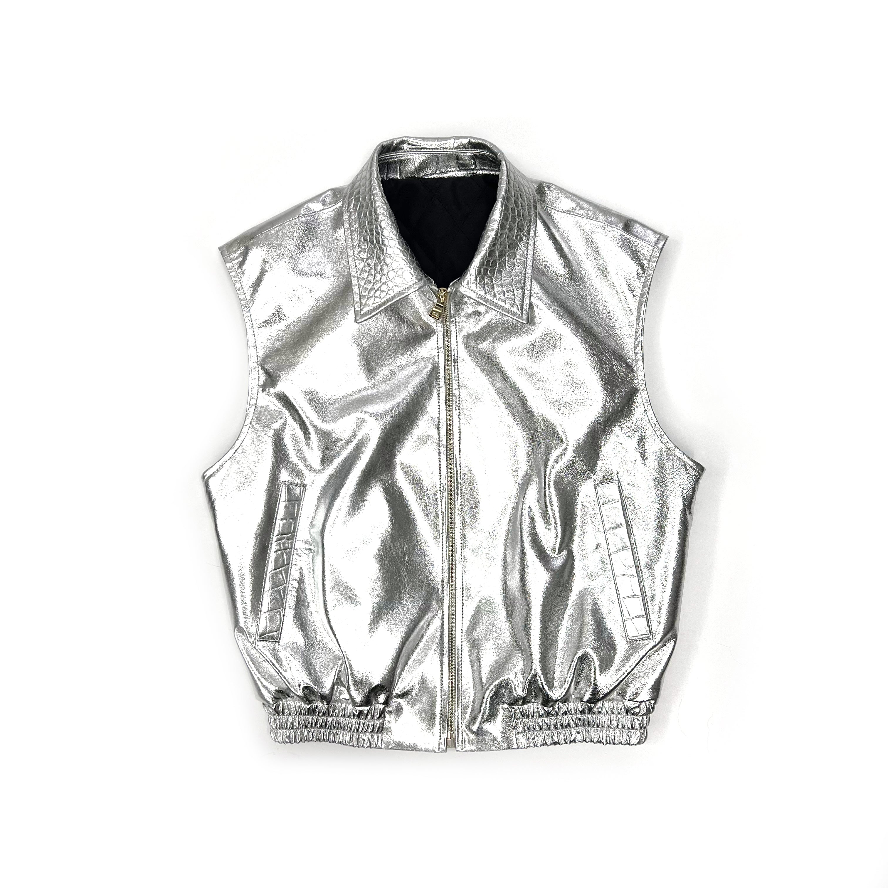 Shiny Silver Lapel Sleeveless Vest: Edgy & Chic Fashion Statement