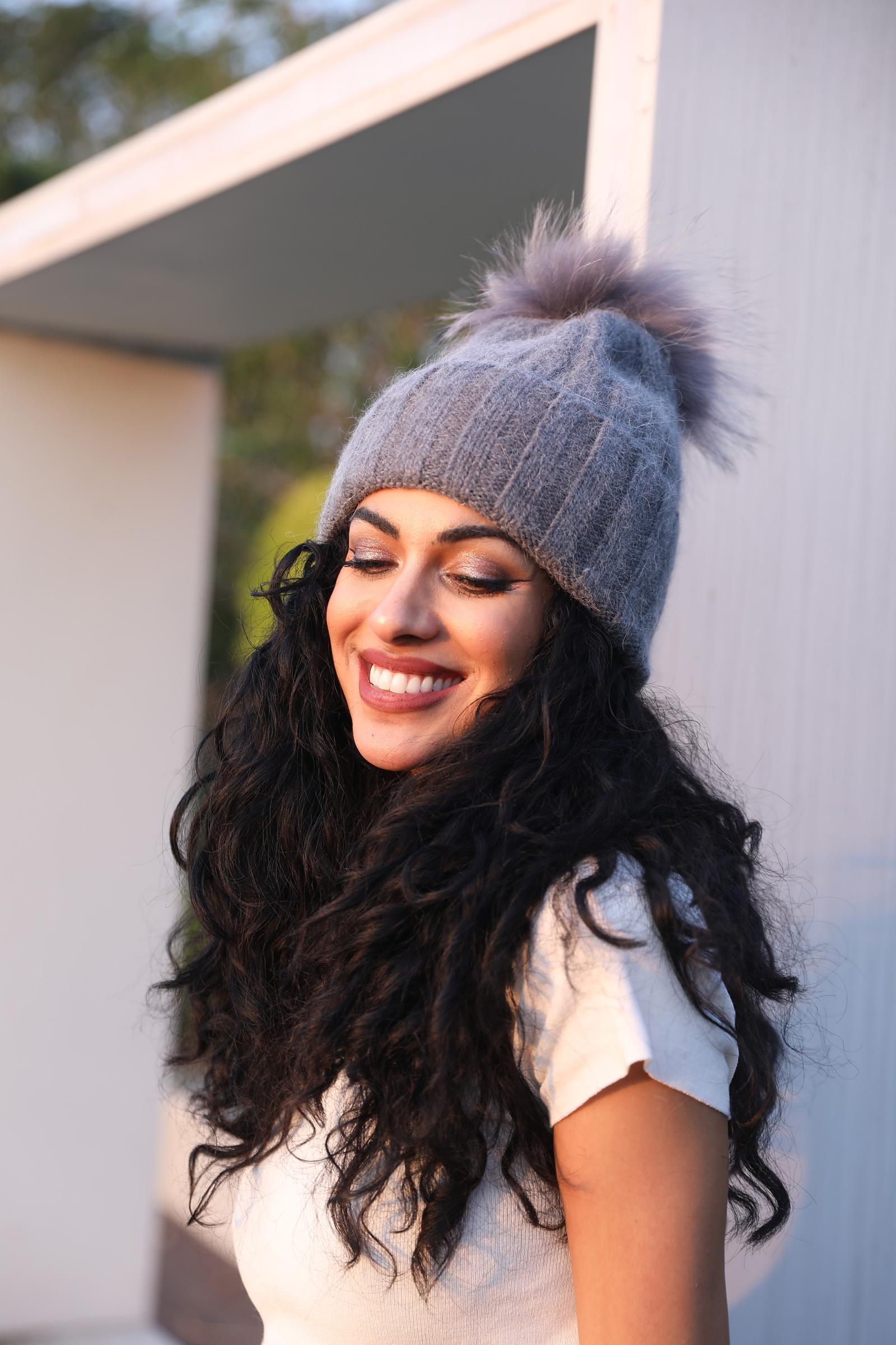 Thick Striped Angora Wool Pom Pom Winter Hat
