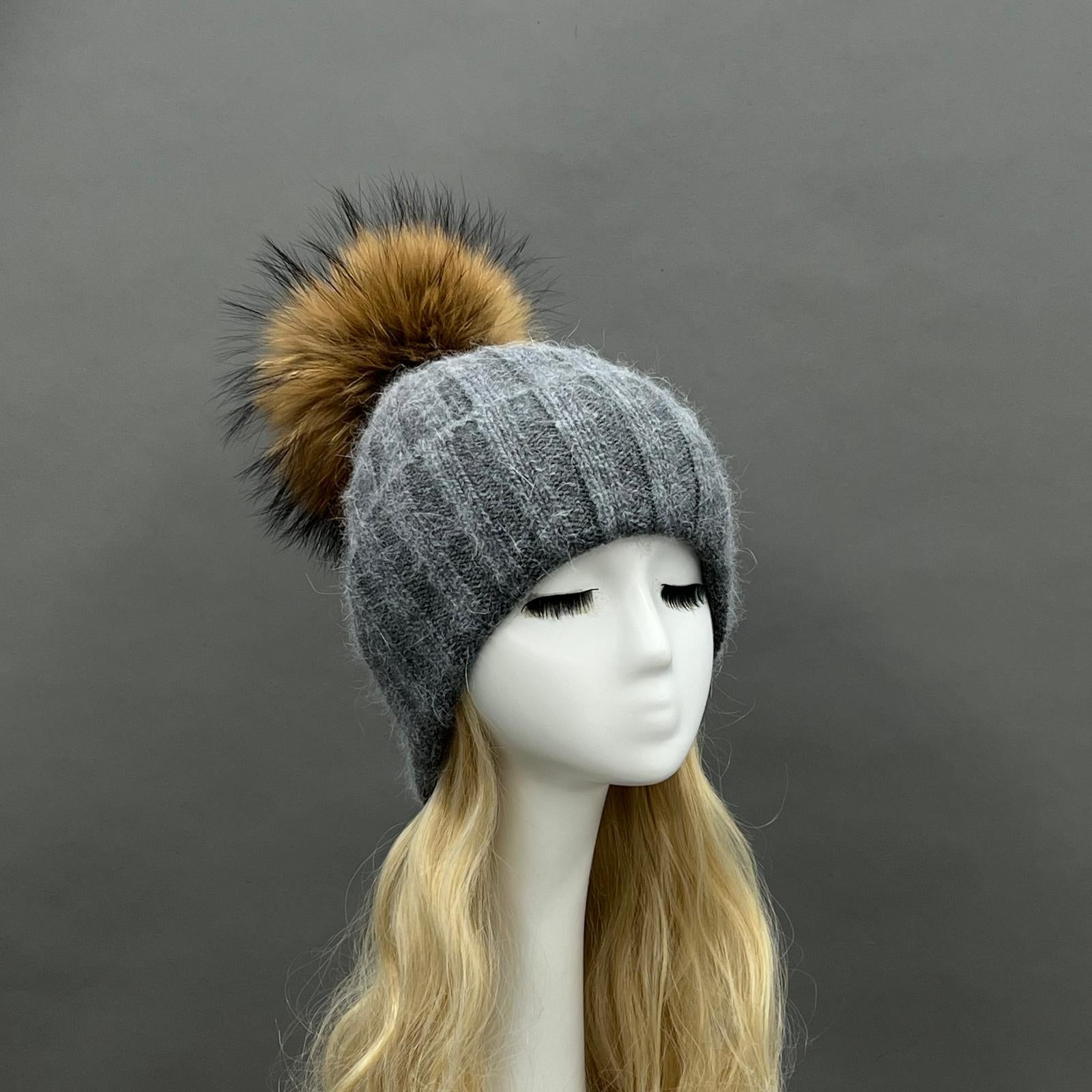 Thick Striped Angora Wool Pom Pom Winter Hat 3