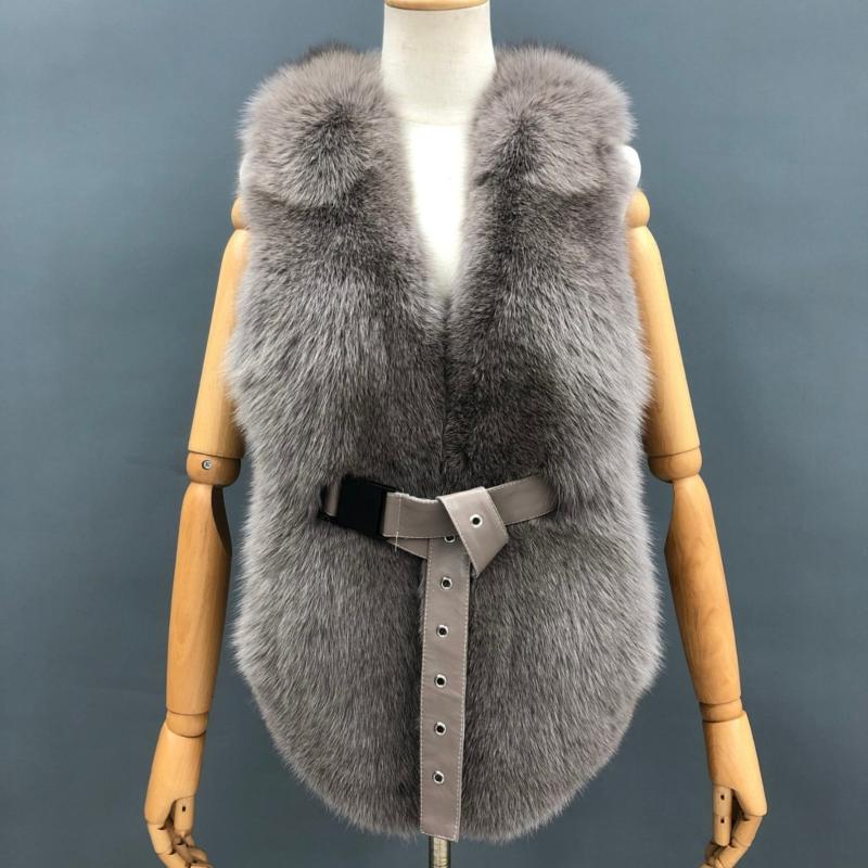 Fox Fur Vest Luxury High-quality Women's Belt Vest Grey