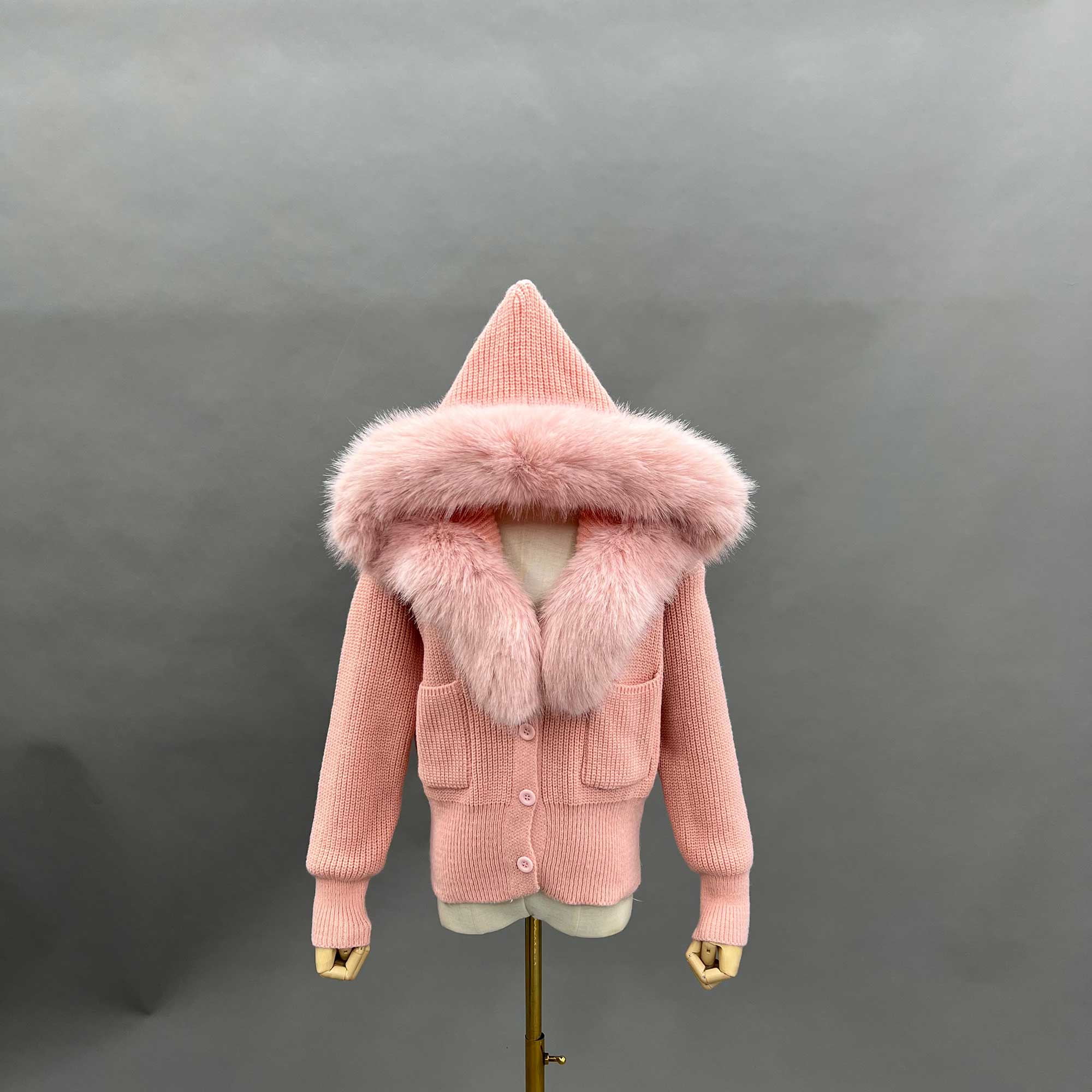 Janefur Cropped Knit Button Jacket with Faux Fur Collar Womens Knit Cardigan Sweaters Pink F-chest 104cm