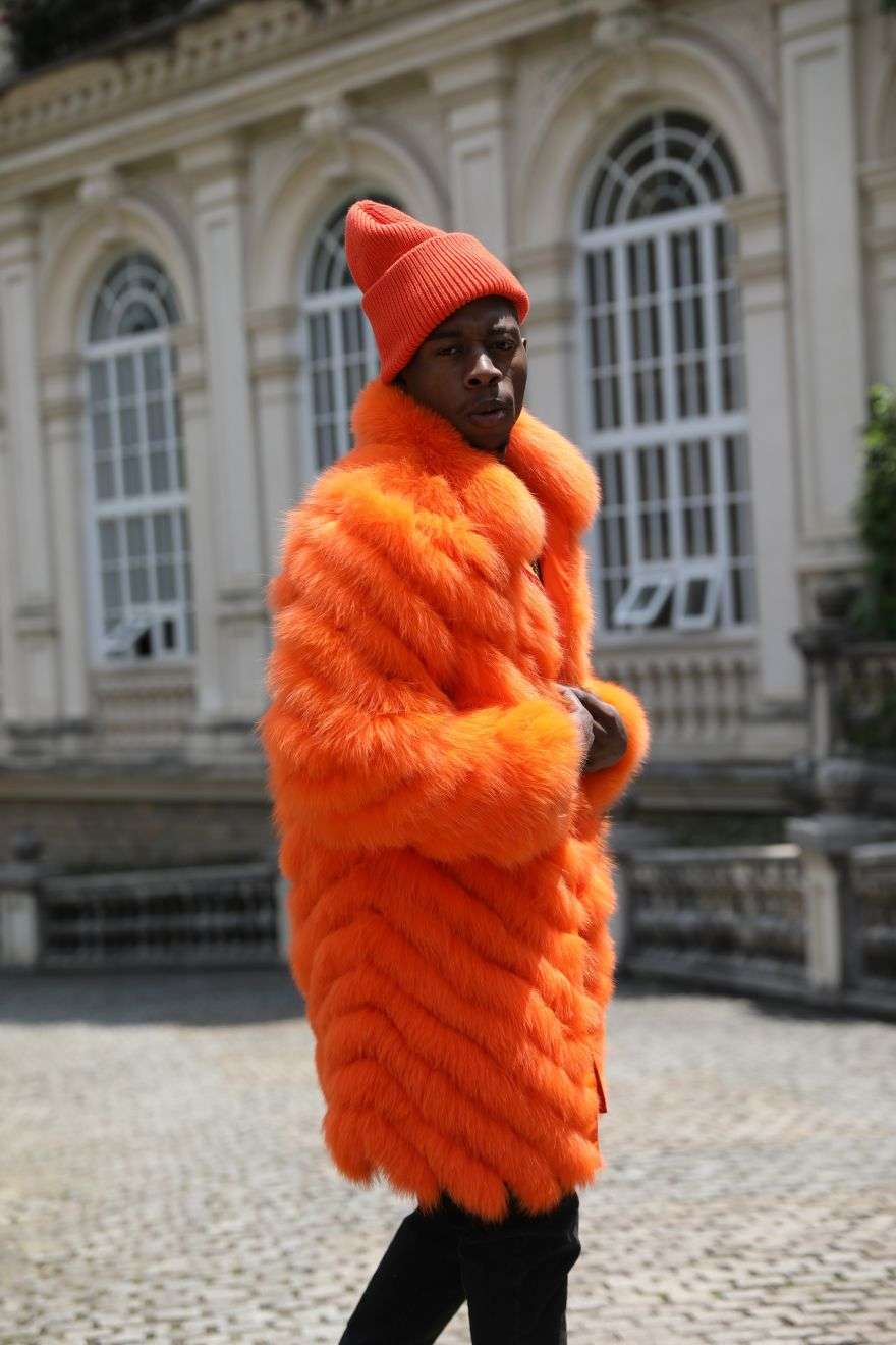 Reversible Long Jacket With Fox Fur And Diagonal Stripes