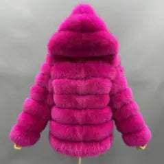 Fashion Women's Solid Color Real Fox Fur Warm Coat With Hat Dark pink