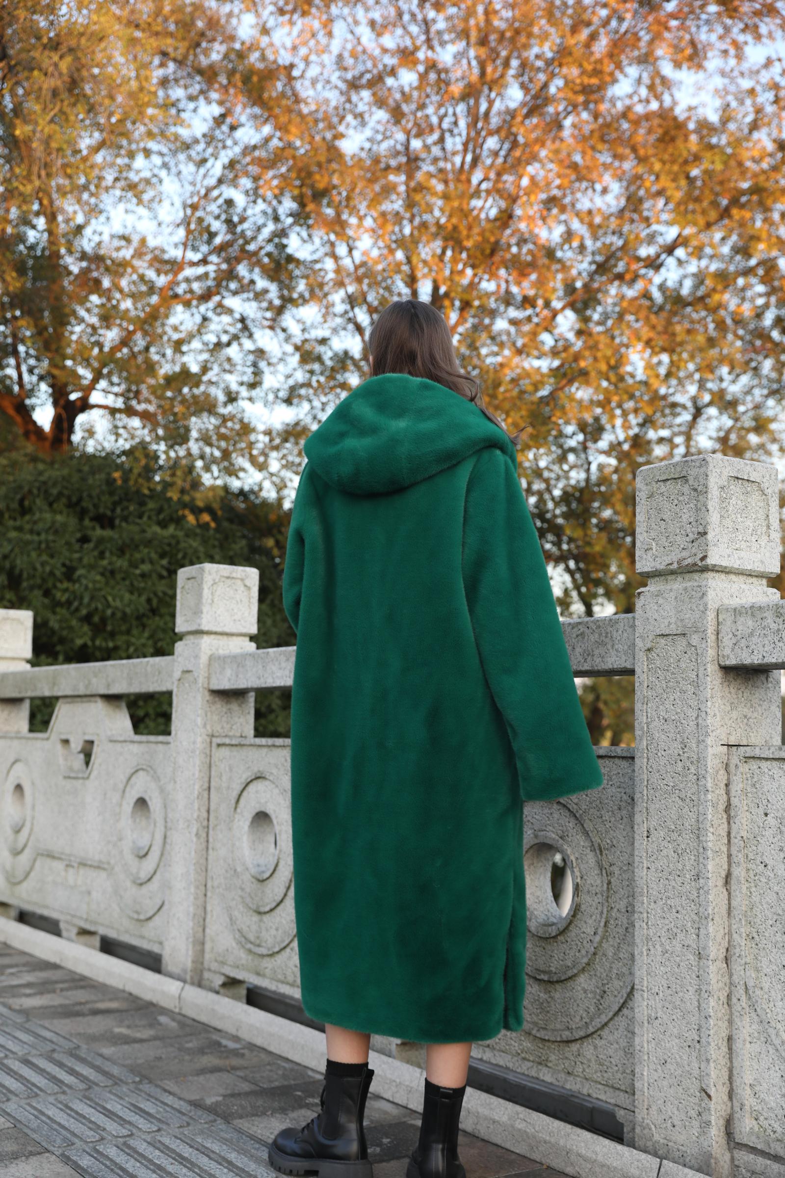 Women's Winter Fashion Windproof Hooded Pure Color Imitation Mink Eco Fur Coat