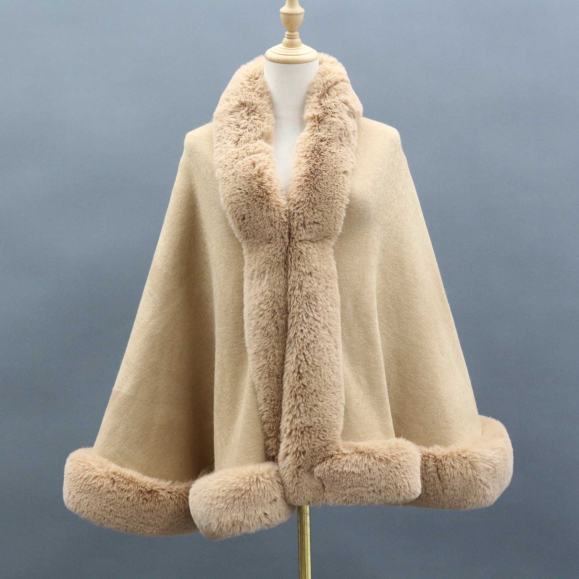 Janefur Wholesale Fashion Women Knitted Cape Shawl with Faux Fur Trim Camel F
