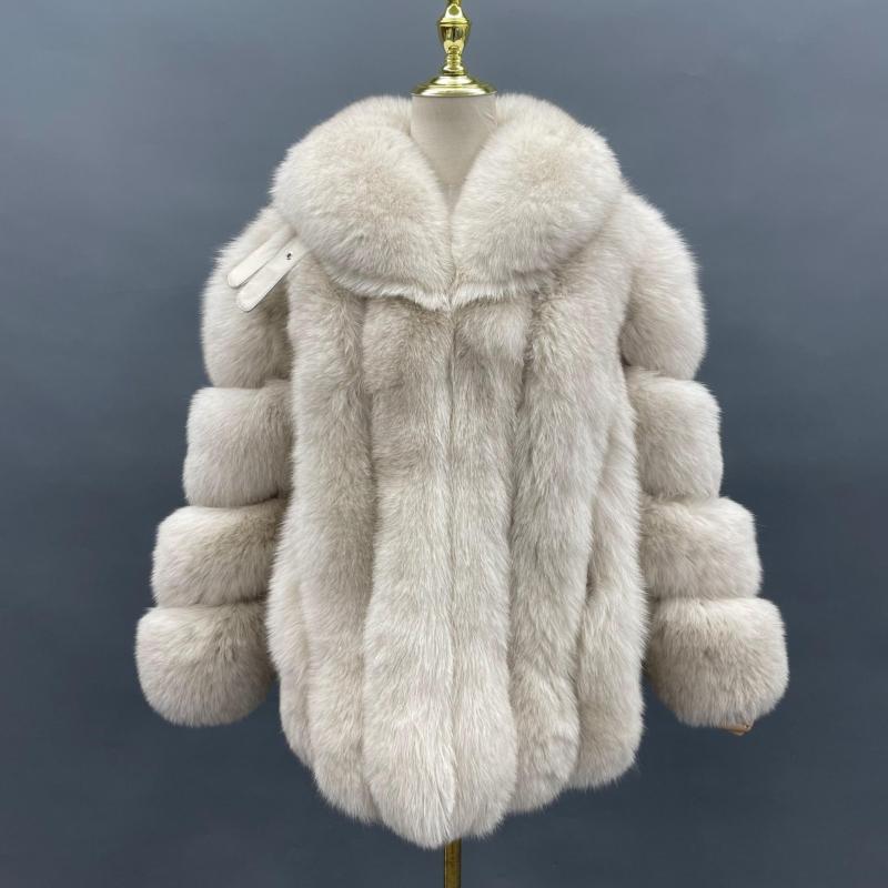Winter Bright Color Vertical Fox Fur Coat For Women Grey