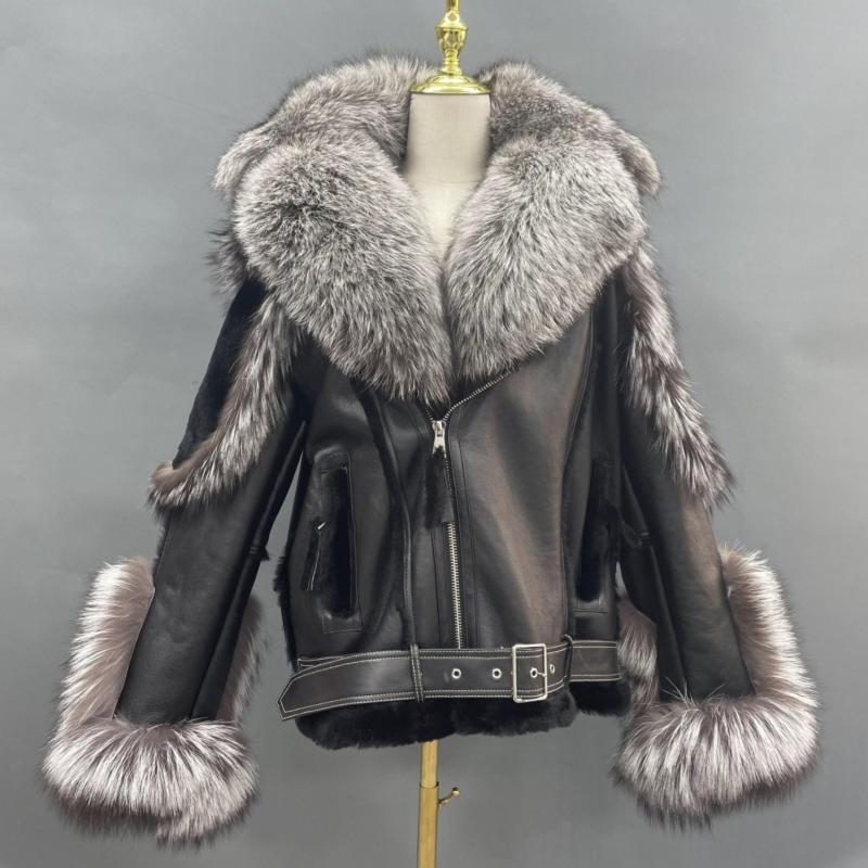 Men's Popular Motorcycle Style Fur Coat With Detachable Collar Silver Fox