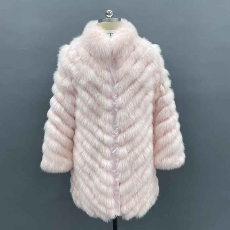 Double-Sided Fox Fur Diagonal Stripe Long Coat Light pink