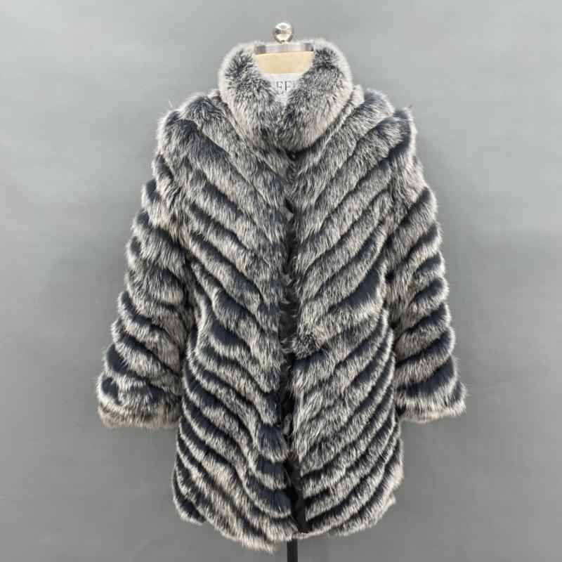 Double-Sided Fox Fur Diagonal Stripe Long Coat Black white