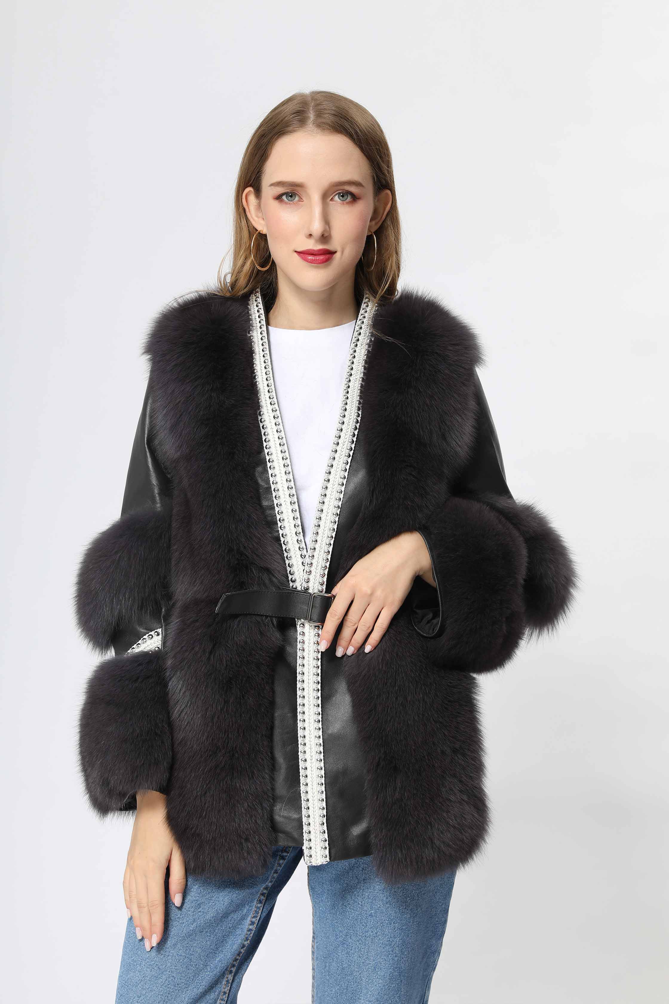Women's Fox Fur Patchwork Leather Rivet Front Winter Coat Black