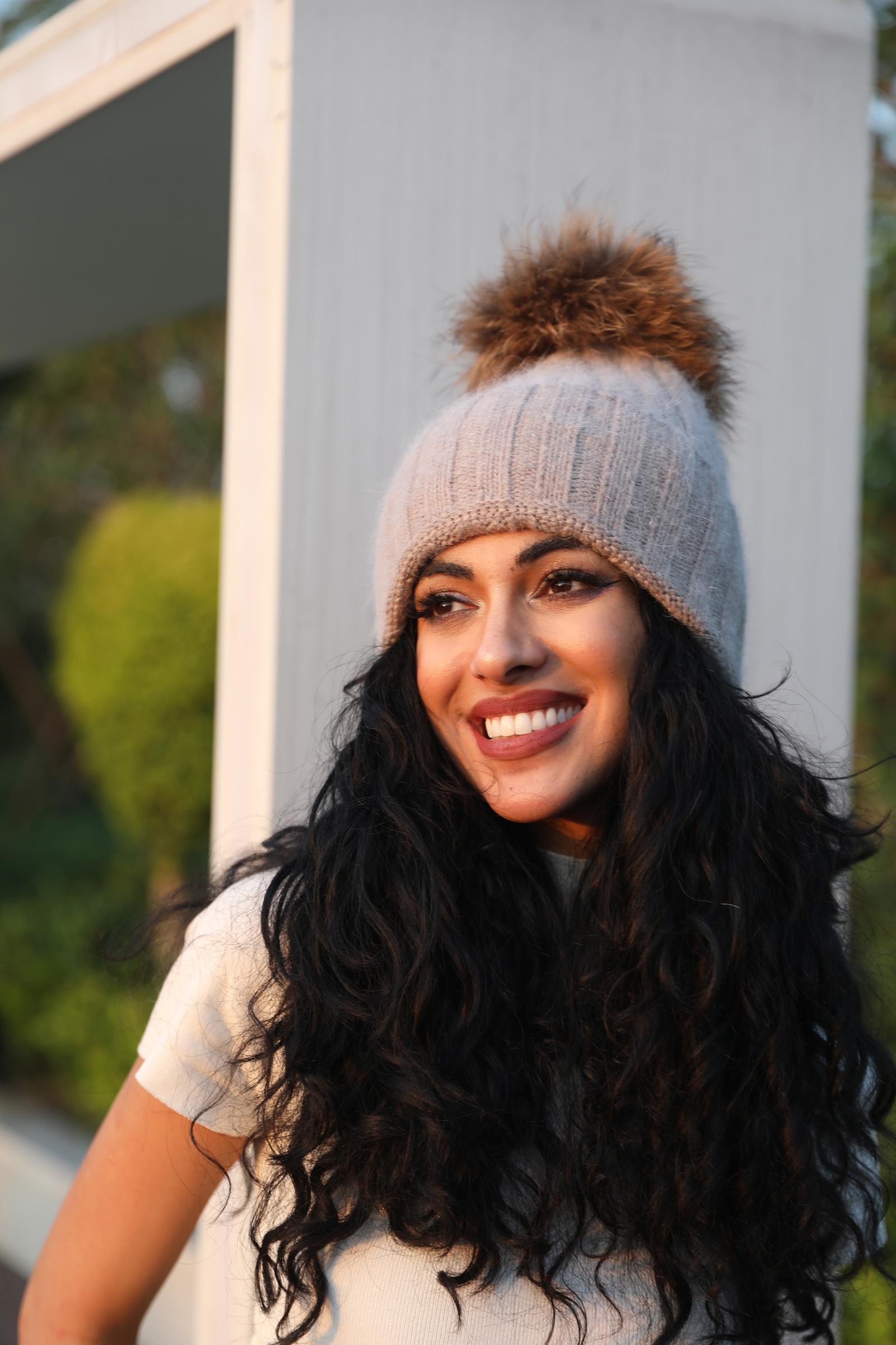 Thick Striped Angora Wool Pom Pom Winter Hat