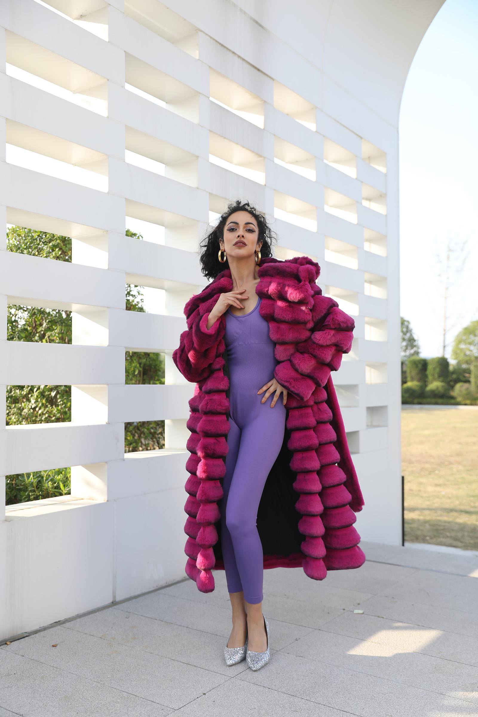 Eco Friendly Faux Fur Jacket with Hood Women's Fashionable Long Coat with Chinchilla Pattern