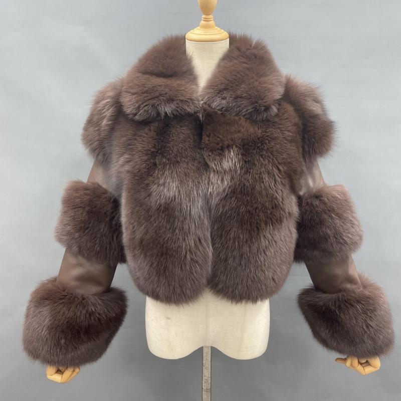 Women's Lapel Luxury Fox Jacket Full Fur Solid Color Short Style Brown Click chat with us