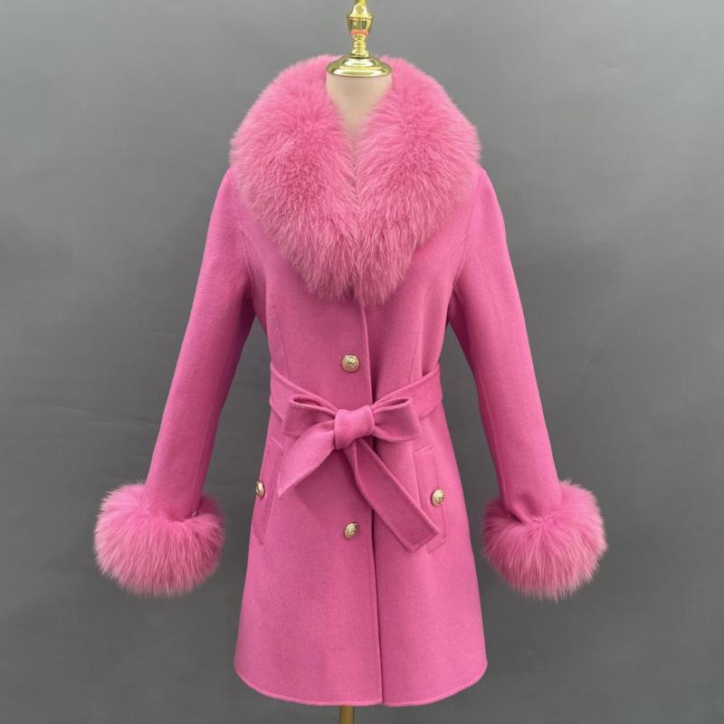 Single Breasted Lace-up Cashmere Coat Pink