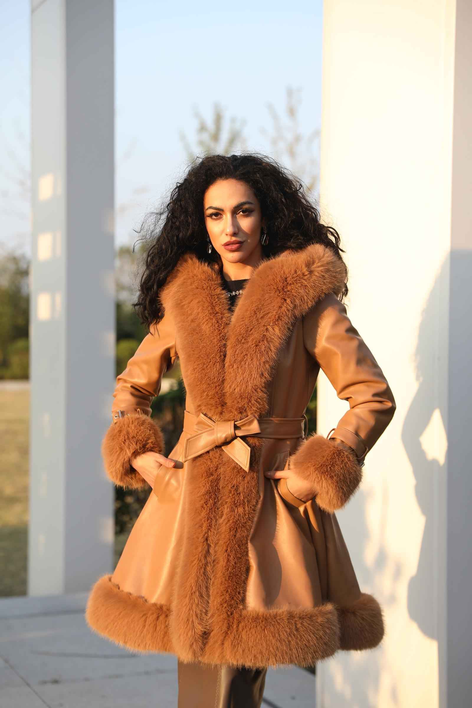 Eco-Friendly Leather and Fur Women's Long Belted Hooded Coat