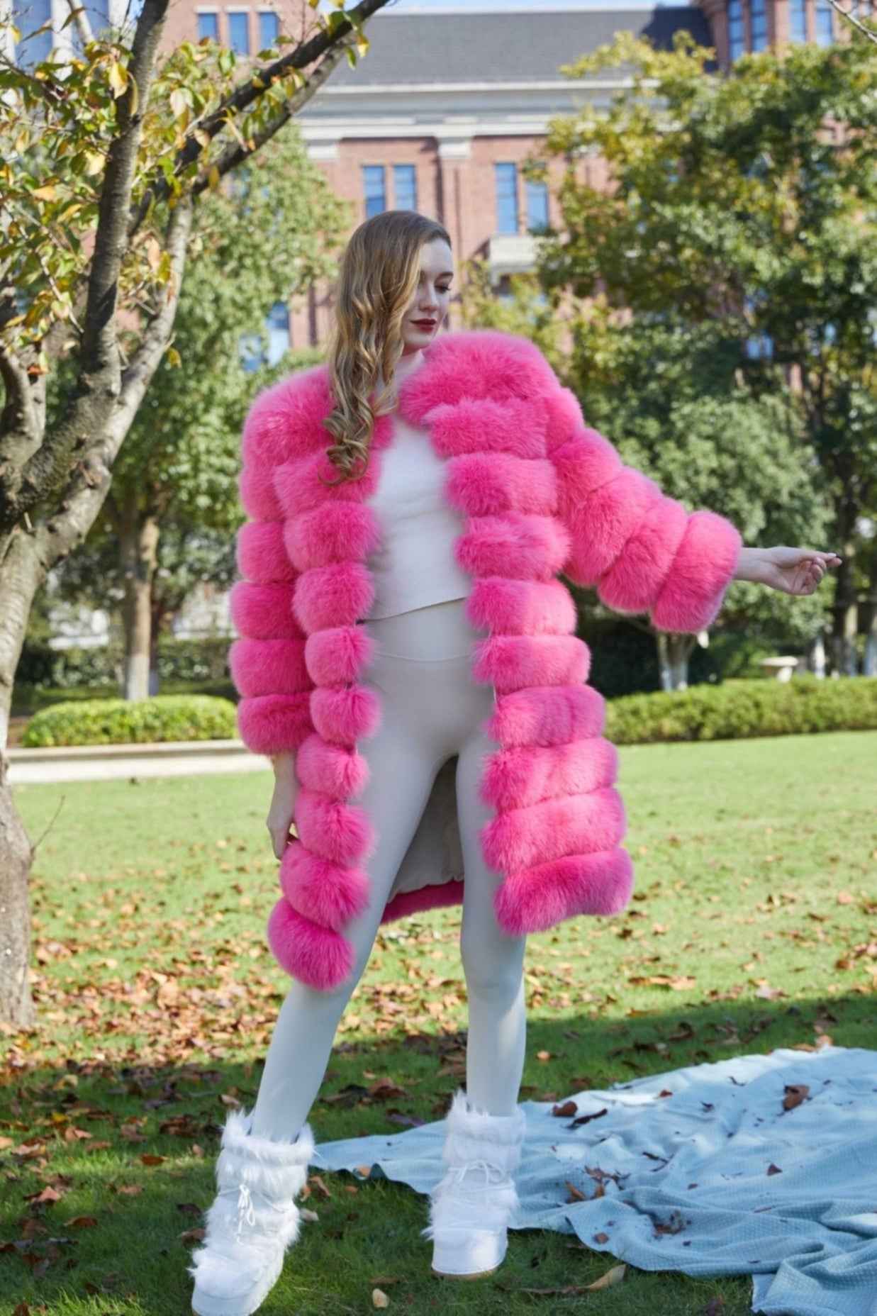 Fox Fur Round Collar Women's Long Coat Hem Removable