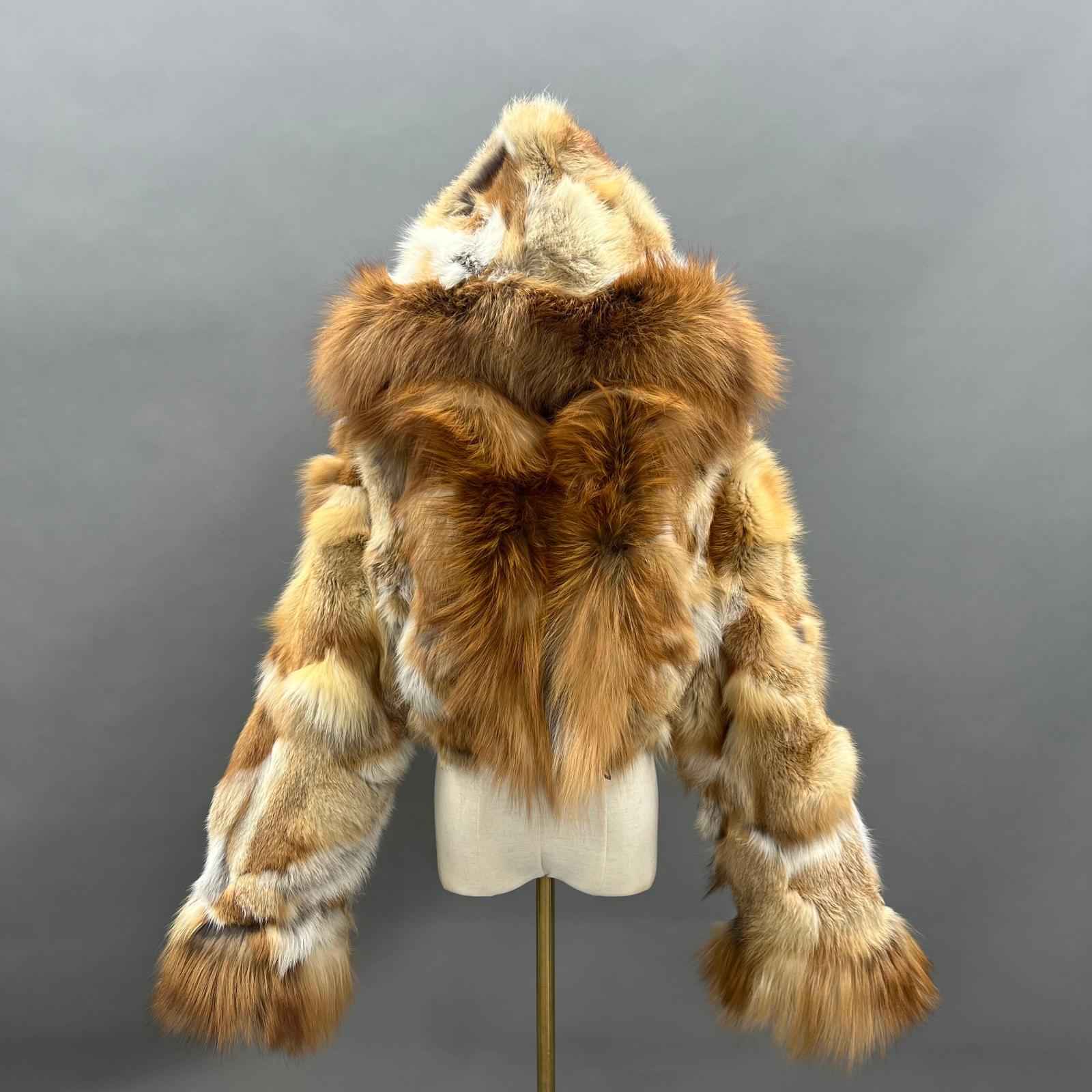 Fox Fur Coat for Women Luxurious Fox Fur Placket Hooded Zippered Jacket