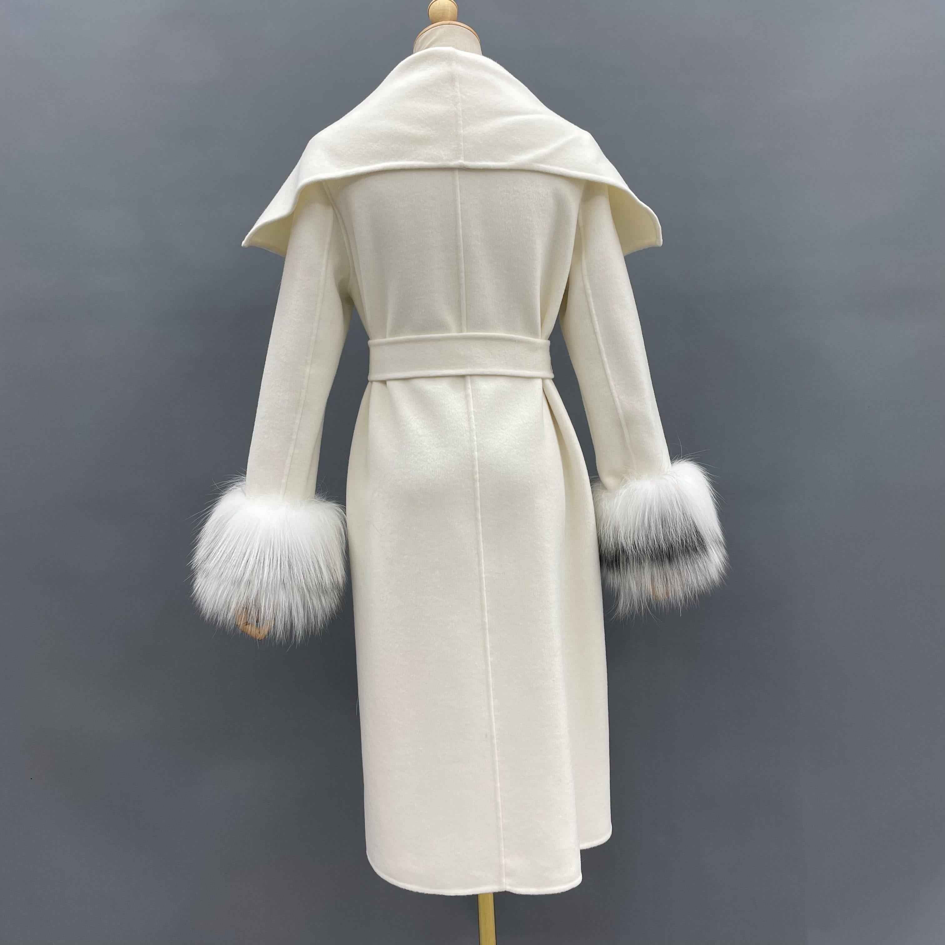 Women's Oversized Shawl Collar Double-Faced Wool Coat with Fox Fur Cuffs & Self-Tie Belt - Knee-Length Luxury Winter Outerwear