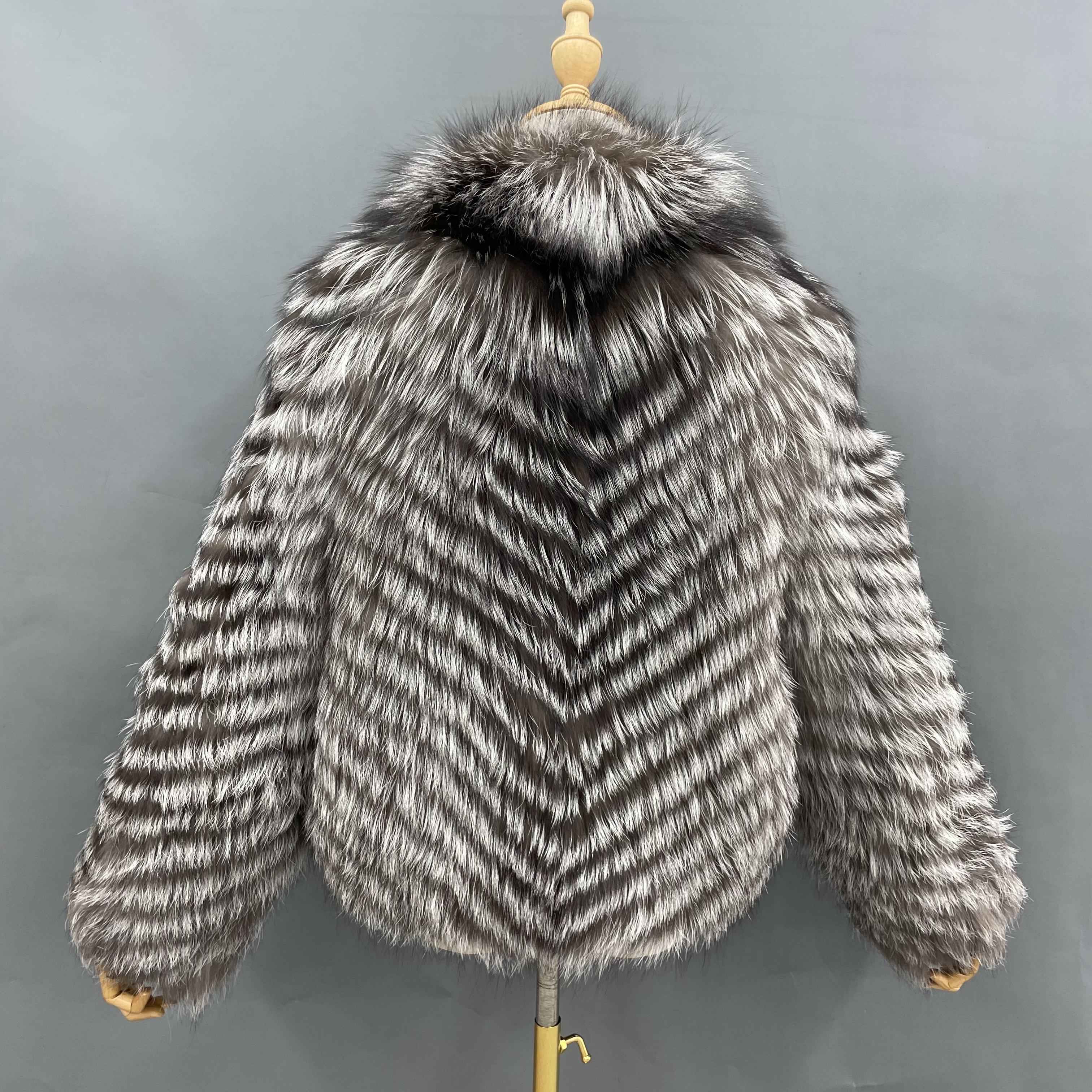 Women's Luxury Silver Fox Fur Jacket - Notched Lapel Chevron Stripe Cropped Winter Fashion Outerwear