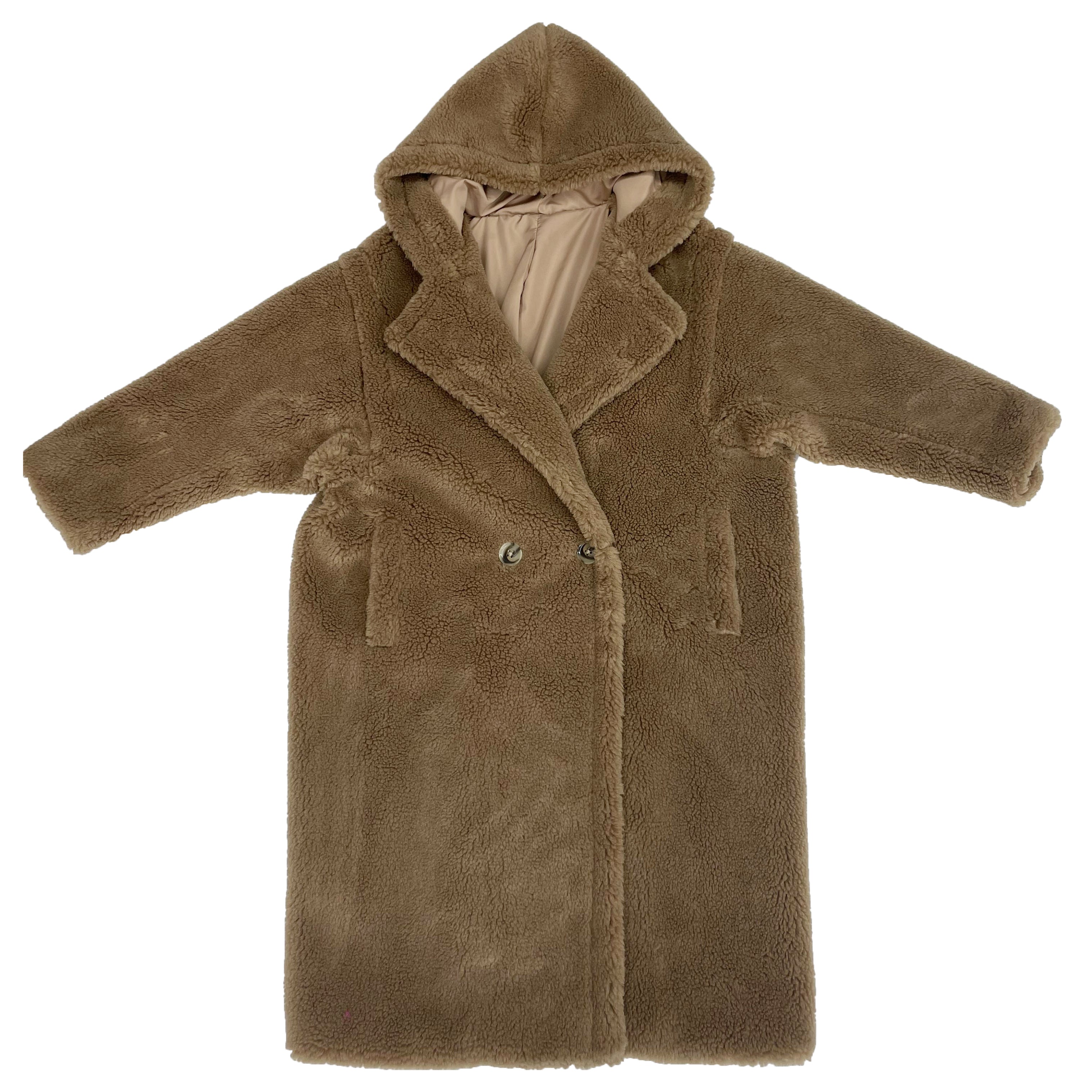 Women's Tan Hooded Teddy Fleece Long Coat with Double-Breasted Notched Lapel - Warm Winter Outerwear