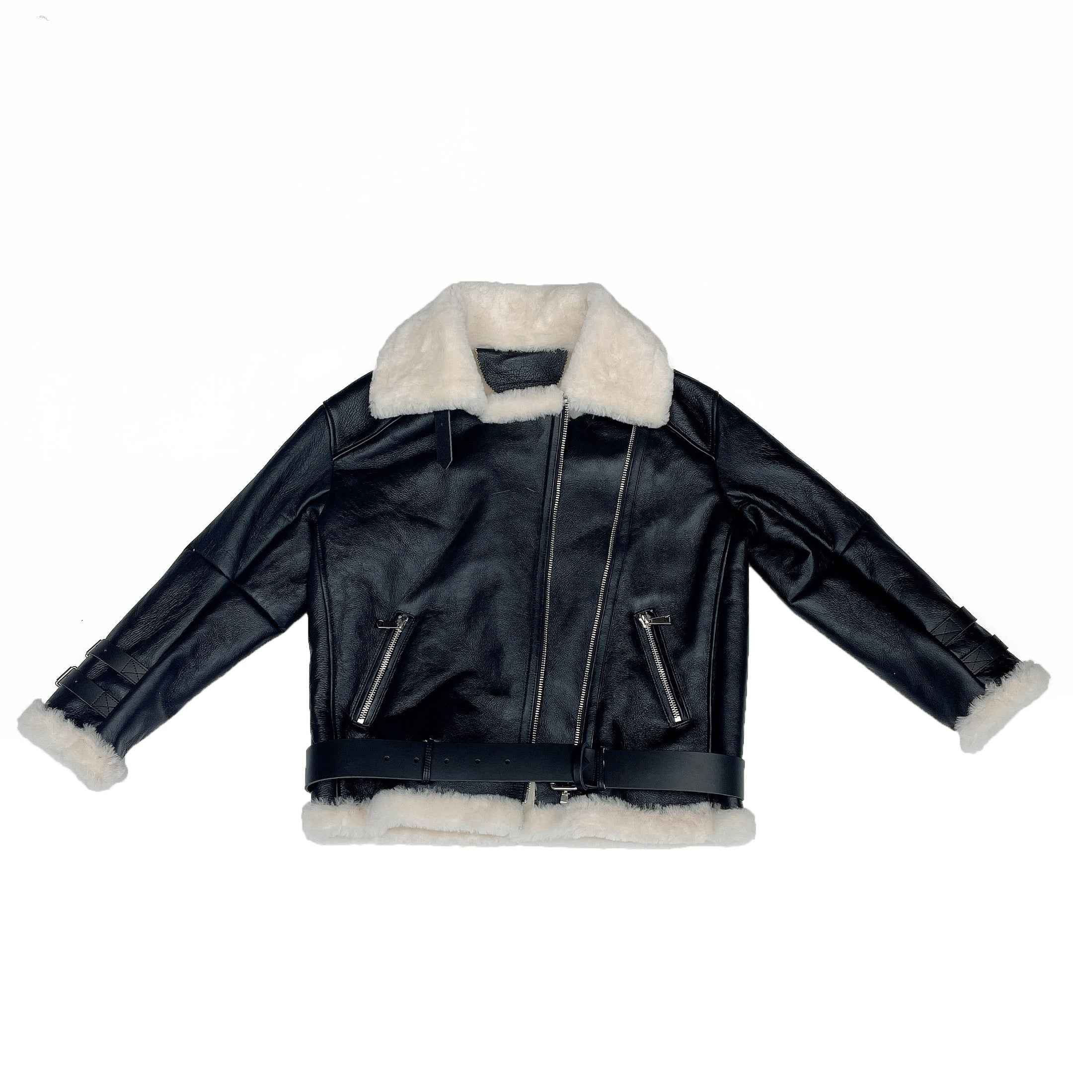 Women's Shearling Biker Jacket with Buckle Strap Cuffs & Contrast Fur Trim - Luxe Moto-Style Outerwear