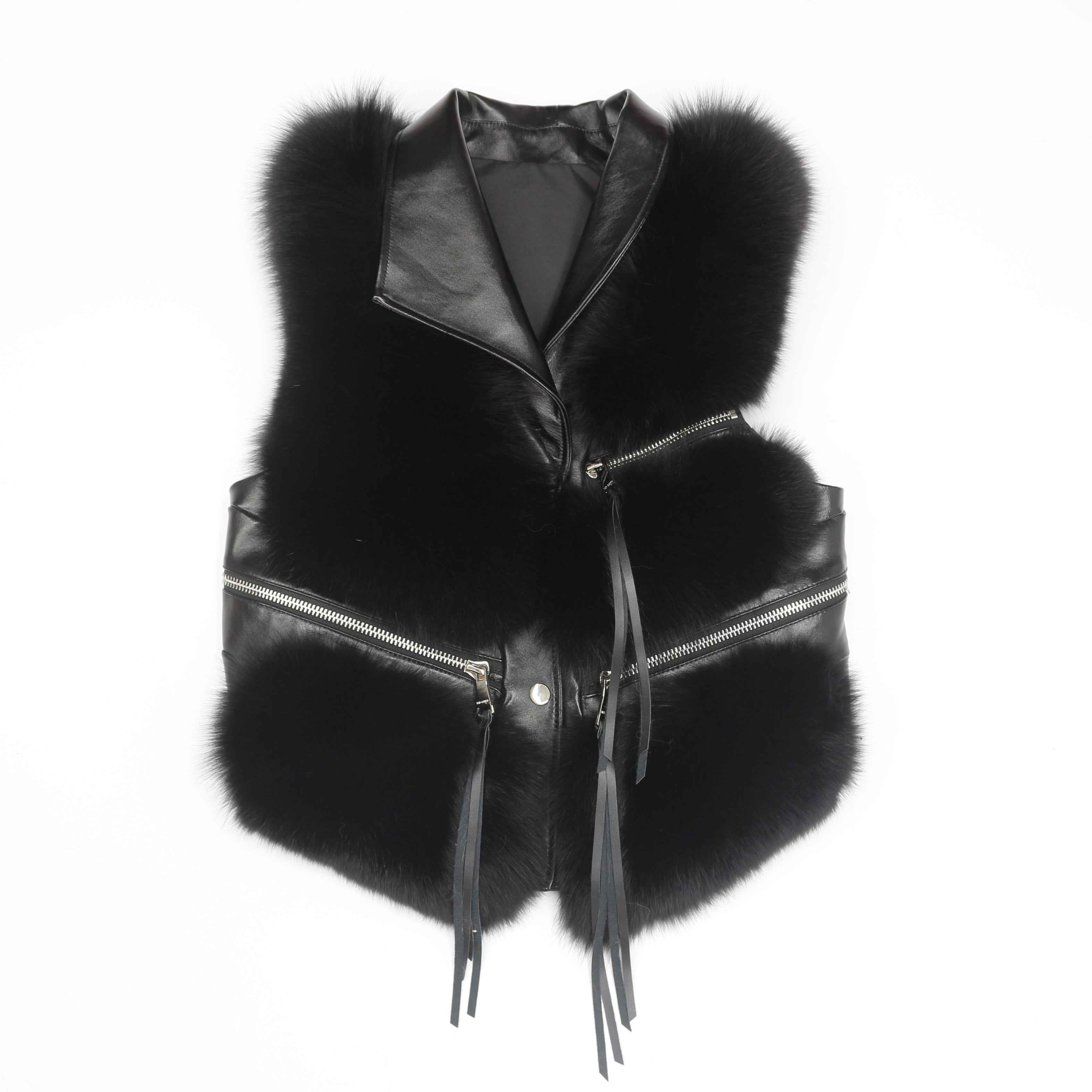 Women's Edgy Fox Fur Vest - Asymmetric Zipper Detail Fashion Outerwear