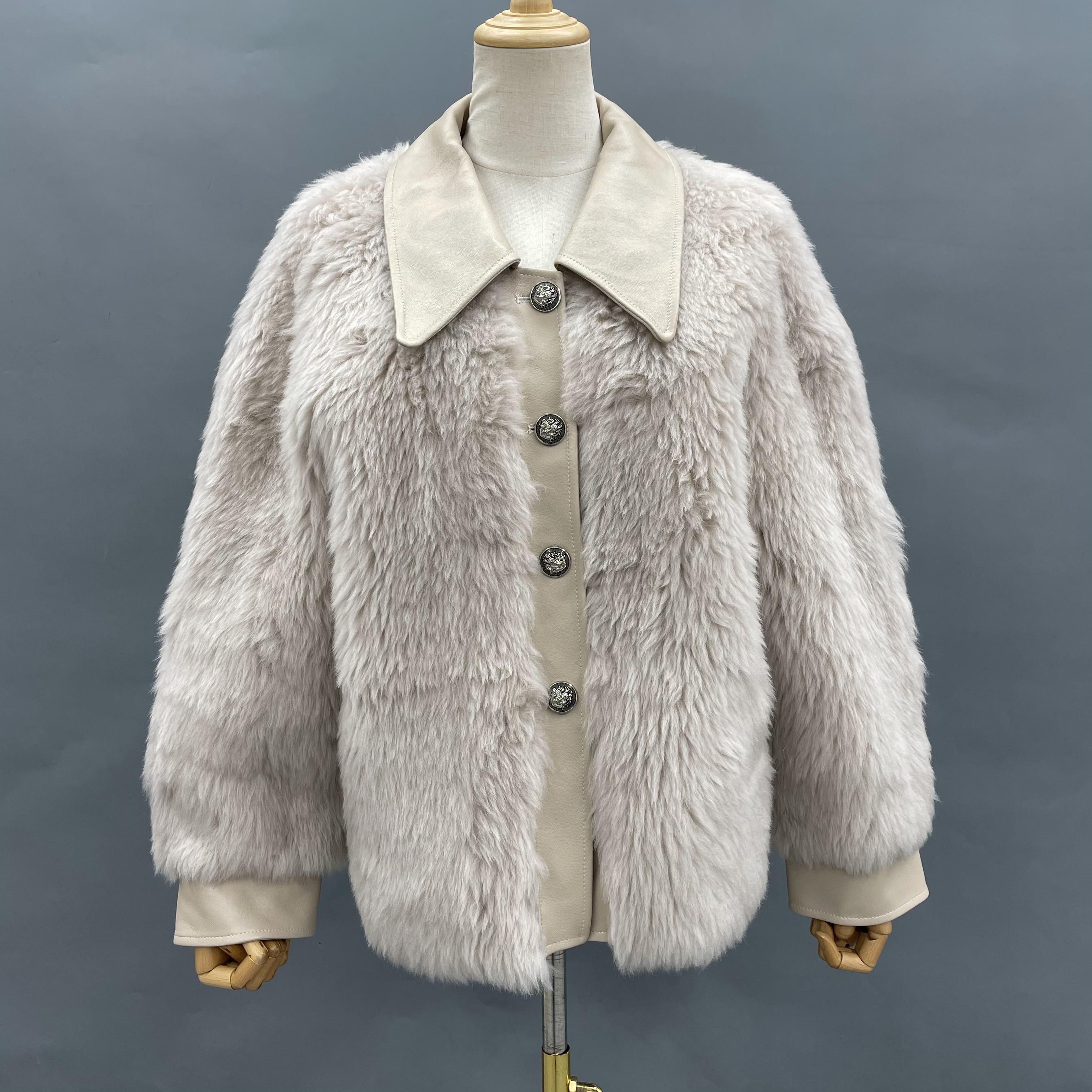 Women's Grey Sheepskin Shearling Jacket with Leather Collar, Cuffs & Decorative Buttons - Edgy Winter Outerwear