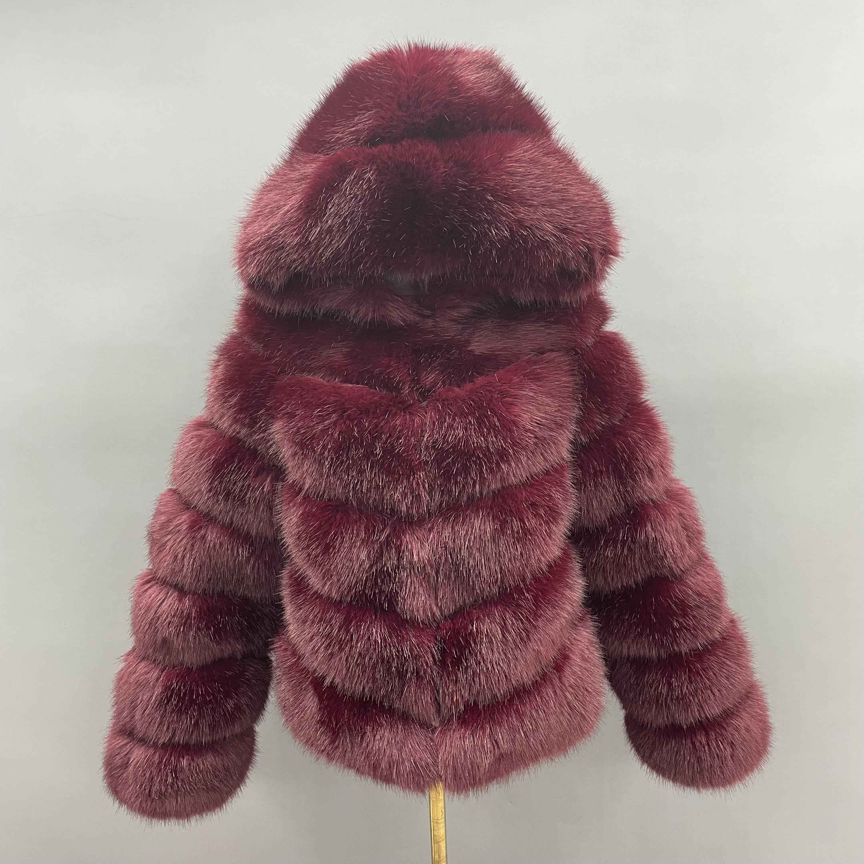 Women's 5-Panel Diagonal Stripe Hooded Faux Fur Coat - Highly Realistic Luxury Winter Outerwear Wine