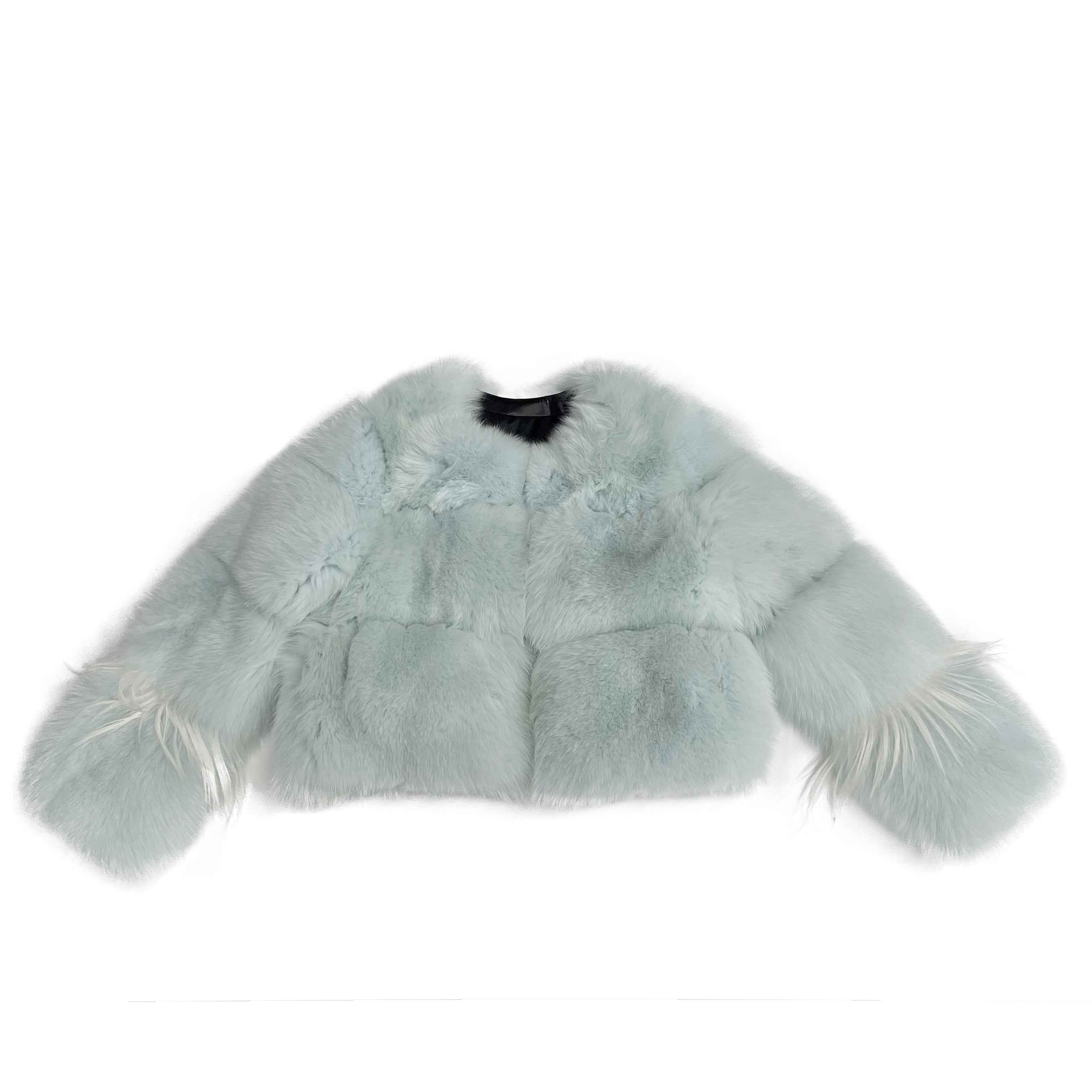 Women's Luxury Light Aqua Fox Fur Cropped Jacket - Long-Haired Cuff Detail Winter Fashion Warm Outerwear