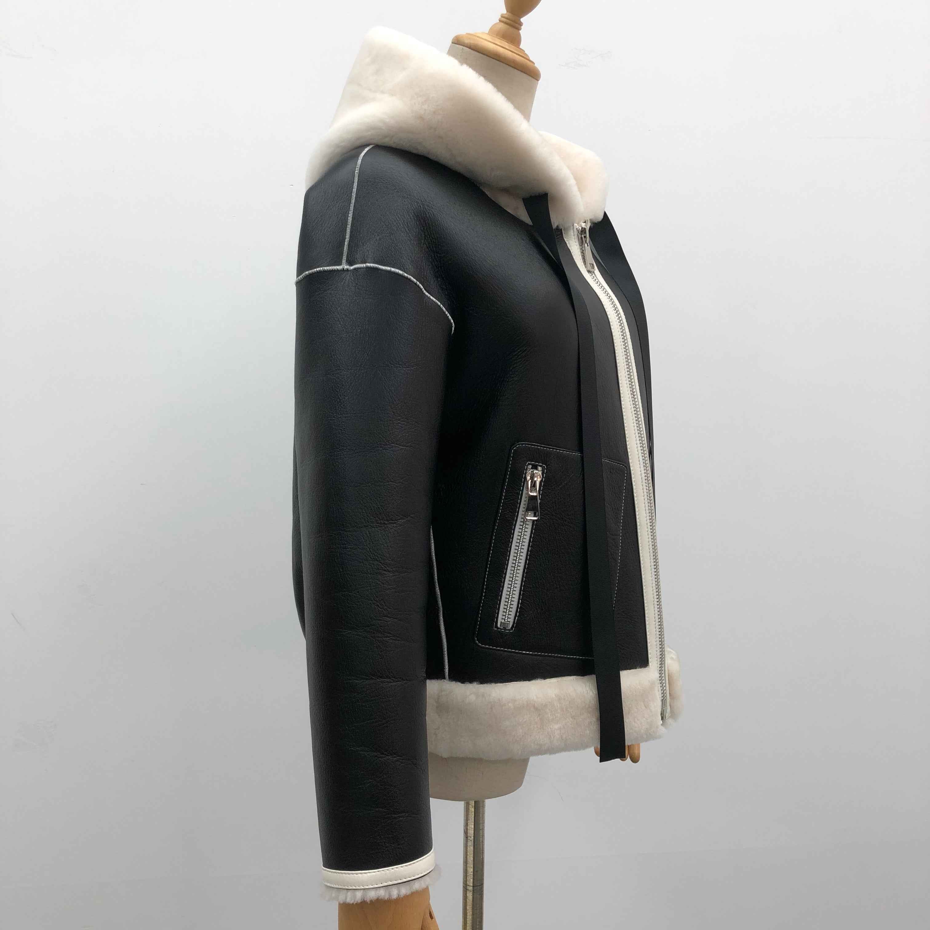 Women's Casual Hooded Shearling Leather Jacket with Contrast Fur Trim - Luxe Casual Outerwear